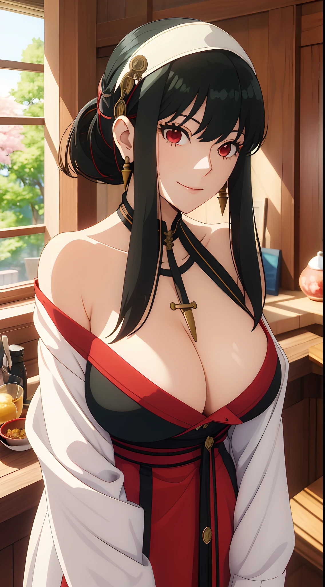 yor, (Mature female,  bangs, side locks, Red eyes, Black hair, hair adornments, Huge breasts:1.3),Portrait of a girl, (face:1.2), schoolgirls, ssmile,bare shoulders​, Black hair, cherry blossom, cleavage, (Robe:1.21), 鎖骨, Willow Branch, (masterpiece best quality :1.2),  NSFW