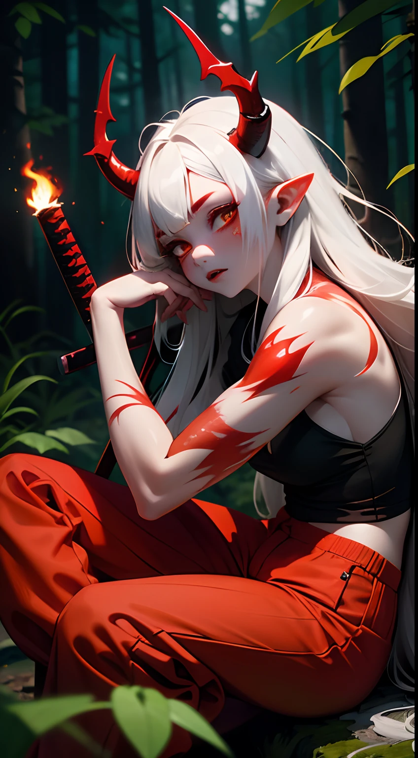 oni, demon girl, scars on face, horns, white hair, detailed, bright ((red skin)), forest night, sitting on rock, campfire, sleeping, detailed face, katana, baggy pants, wholesome