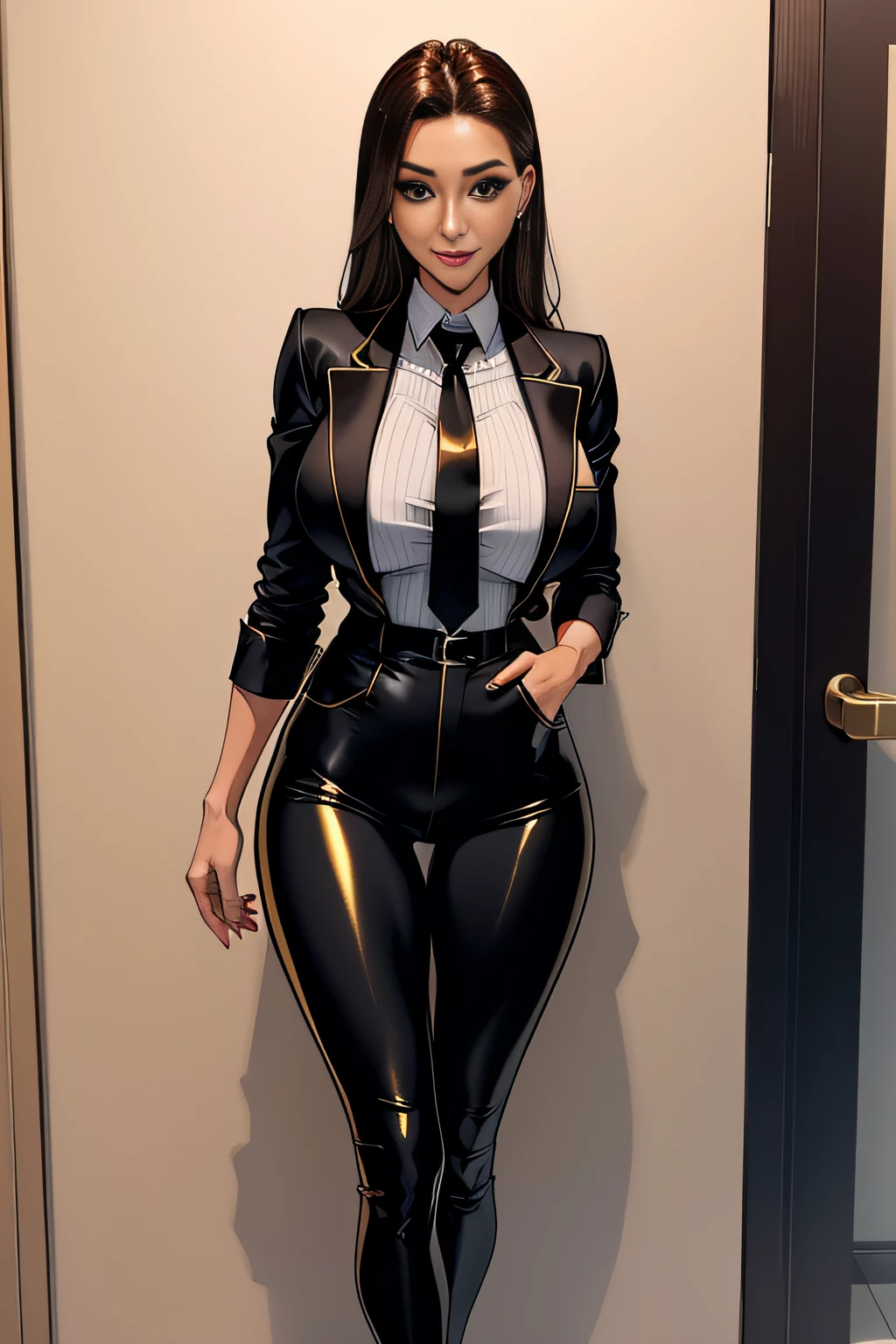 Metallic black and metallic gold jacket and long pants business suit、Big breasts about to burst、 Career Woman of Alafe、Shirt with metallic white breast pockets、neck tie、lowfers、brown haired、thin and long legs,、Fitness Model、musculature、abdominals、Height 175cm、skin tanned、glistning skin、Cool smile、full-body view、publicity cosplay、full-cosplay、taken with canon 5d mk4、cosplay foto
