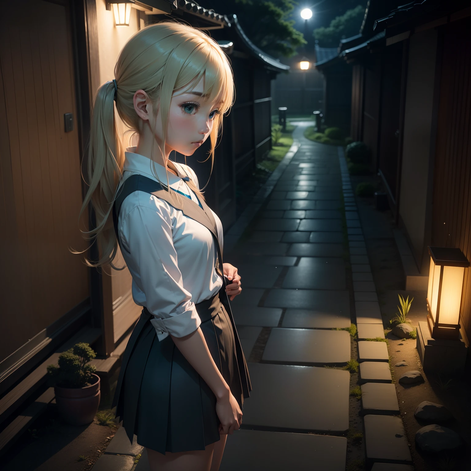 2D，校服，Night scene，rays of moonlight，Quiet，Beth，Single horsetail，Hands on chins