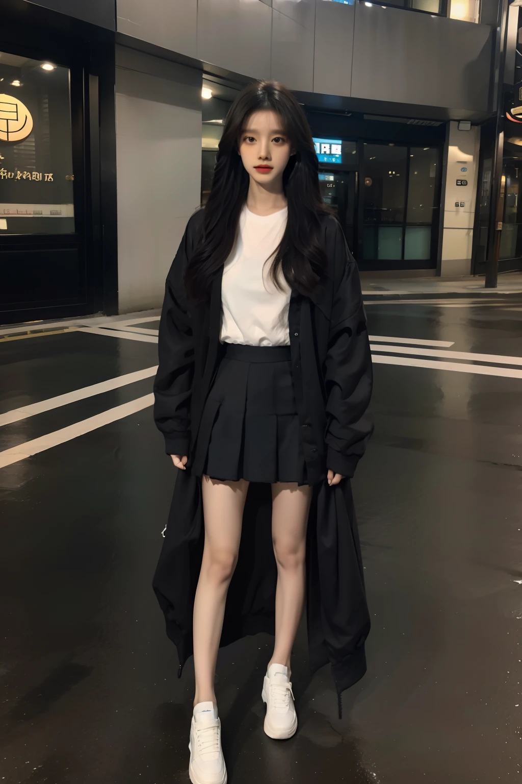 Woman in black coat and white sneakers standing on a street corner, short skirt and a long jacket, in city street, long black jacket, black oversized clothes, dressed with long fluent clothes, Have on the street, shaxi, gongbi, dressed in a black coat, Choi Hyun-hwa, xintong chen, xision wu, in a city street, wearing jacket and skirt