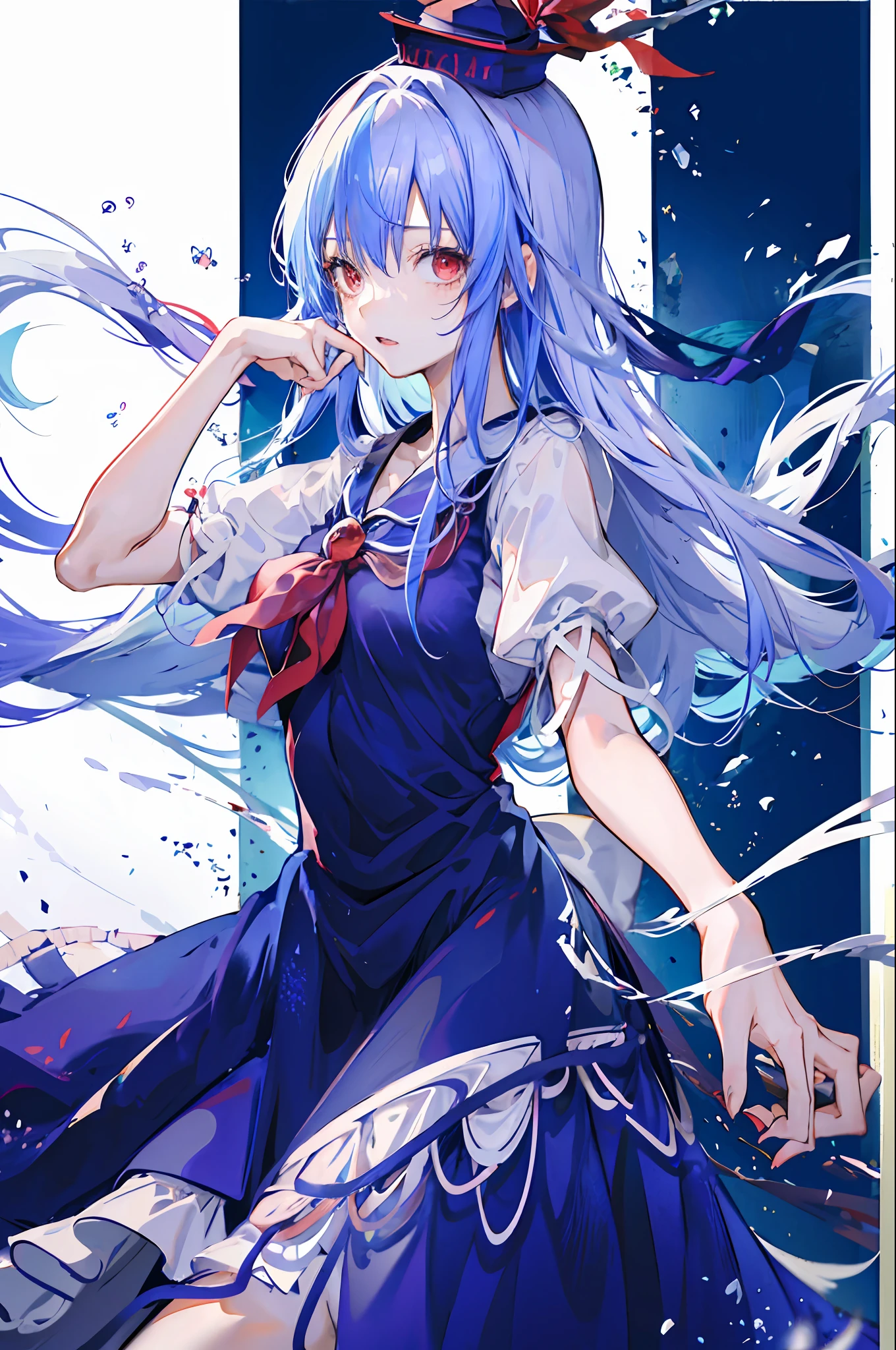 masutepiece, Best Quality, 1girl in,Blue hair,hat,Long hair,Red Eyes,Bow,Dress,Short sleeves, greybackground,