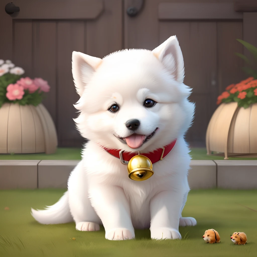 Cute puppy，Samoyed，Round head and round brain，Bring a bell，Eat a chicken drumstick