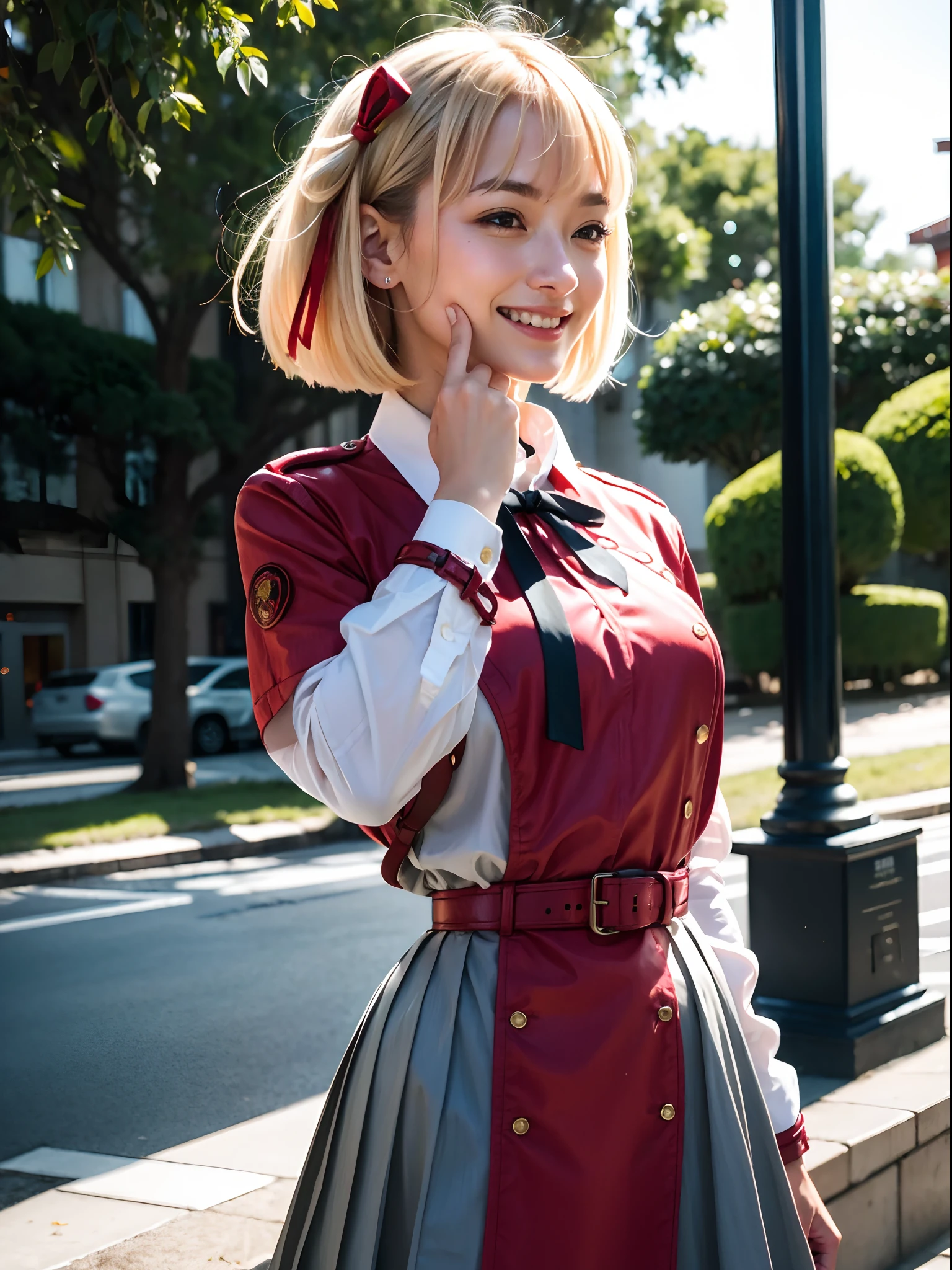 (masterpiece, best quality:1.4), gun, holding a gun, happy and big smile, chisatonishikigi, nishikigi chisato, short hair, bangs, blonde hair, (red eyes:1.5), hair ribbon, one side up, bob cut, BREAK shirt, long sleeves, dress, ribbon, white shirt, collared shirt, belt, neck ribbon, red dress, blue ribbon, pleated dress, grey dress, two-tone dress, red belt, lycoris uniform, BREAK outdoors, citypark, looking at viewer ,looking at viewer looking at viewer beautiful face, highly detailed face, highly detailed eyes, highly detailed skin, skin pores, subsurface scattering, realistic pupils, full face blush, full lips, detailed background, depth of field, volumetric lighting, sharp focus, absurdres, realistic proportions, good anatomy, (realistic, hyperrealistic:1.4), 16k hdr,