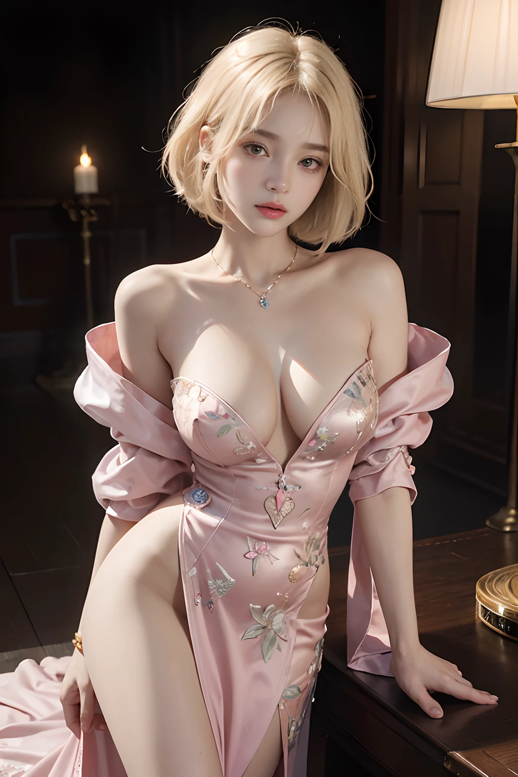 （Front Focus），（in the darkness nigth：1.6），Surrealist portraits of women by David Hockney and Alphonse Mucha，((Upper body naked))、( Exposed)、((Royal Pool))，Fantasyart，((Blonde Bob Hair))、((Light pink sexy dress))、photographrealistic，动态照明，art  stations，poster for，Volumetriclighting，extra detailed face，4 k''，((Colossal tits))、Beautifully embroidered award-winning light pink sexy dress，With diamonds，Sexy thighs，Decorated with fine embroidered dress outfits and fine jewelry，exposing the abdomen ,Chest 1 Girl, In the Dark, deepshadow, low tune, Cowboy Shot,(official clothing:1.4), The eyes are confused and seductive，legs separated