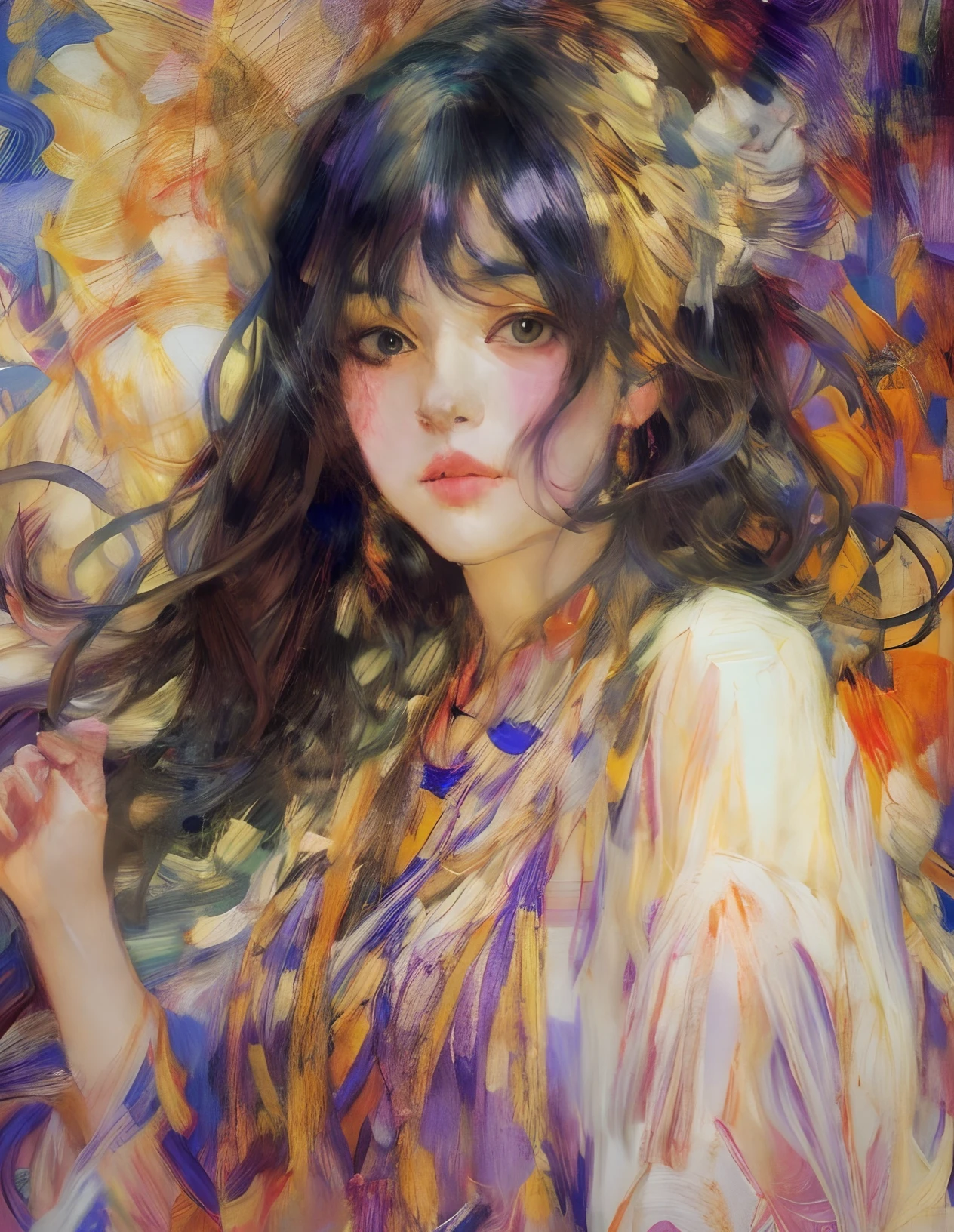 Colourful painting, sargent,mucha, frontage, 1girl, a beautiful anime Woman, extremely detailed face and eyes, black hair, long hair, lips, closed mouth,