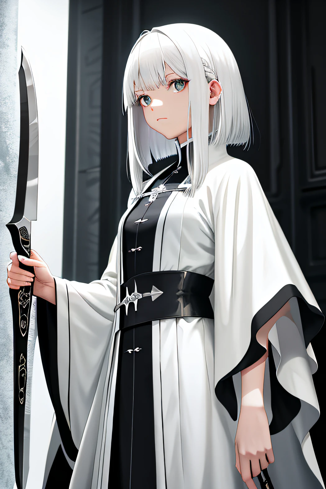 Mystery style，HD masterpiece，The best quality picture，Solitude，White-haired girl，Long knives，robe，Lateral face，short detailed hair