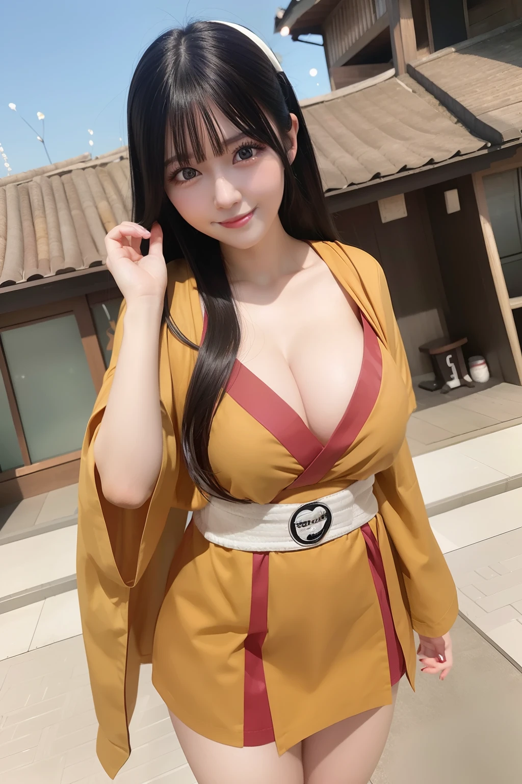 1girl,(hanabi Hyuga form Naruto),[white eyes],long black hair, large breast, smile, masterpiece, ultra realistic, ultra detail, high quality, best quality,70mm lens