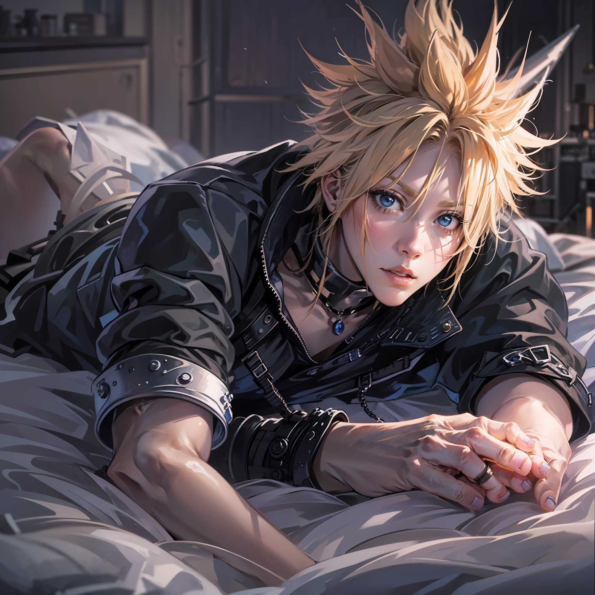 Final Fantasy, cloud strife, abs, sexy, badass pose, Chico de anime en una cama con las manos en la cabeza, Hermosa pose de anime, Anime hombre guapo, Personaje masculino de anime, Badass Anime 8K, Arte detallado del personaje de anime, Concepto de anime HDR Anime MacManus, Chico anime, Ikuto Yamashita, Anime CG arte suave, Fondo de pantalla de manga 4 k, inspirado por Yamagata Hiro, Wallaper de anime