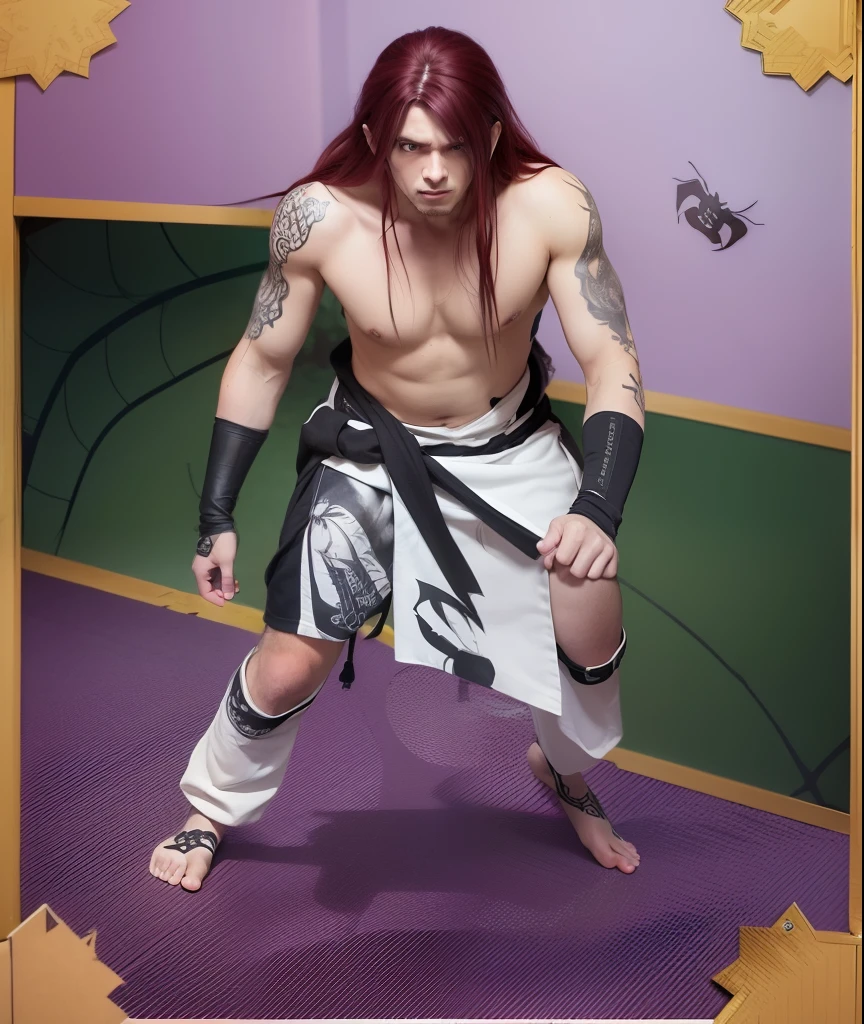 1man,kidomaru,realistic,has dark red hair and long hair that is left loose, has pale skin and a black spider tattoo on his face, wears a ninja outfit with spider patterns and black marks on the forehead,has four hands,ultra detail