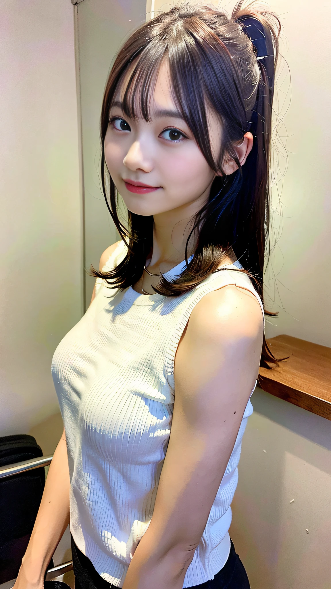 (top-quality、8k、32k、​masterpiece、UHD:1.2)、1girl in、beautiful japanese female、big breasts thin waist、（beautiful nape）、((up hairstyle))、(camisole、hotpants)、20yr old、In a room with the morning sun shining in、（Bite Pose:1.2)、(Smile at the person you like)、