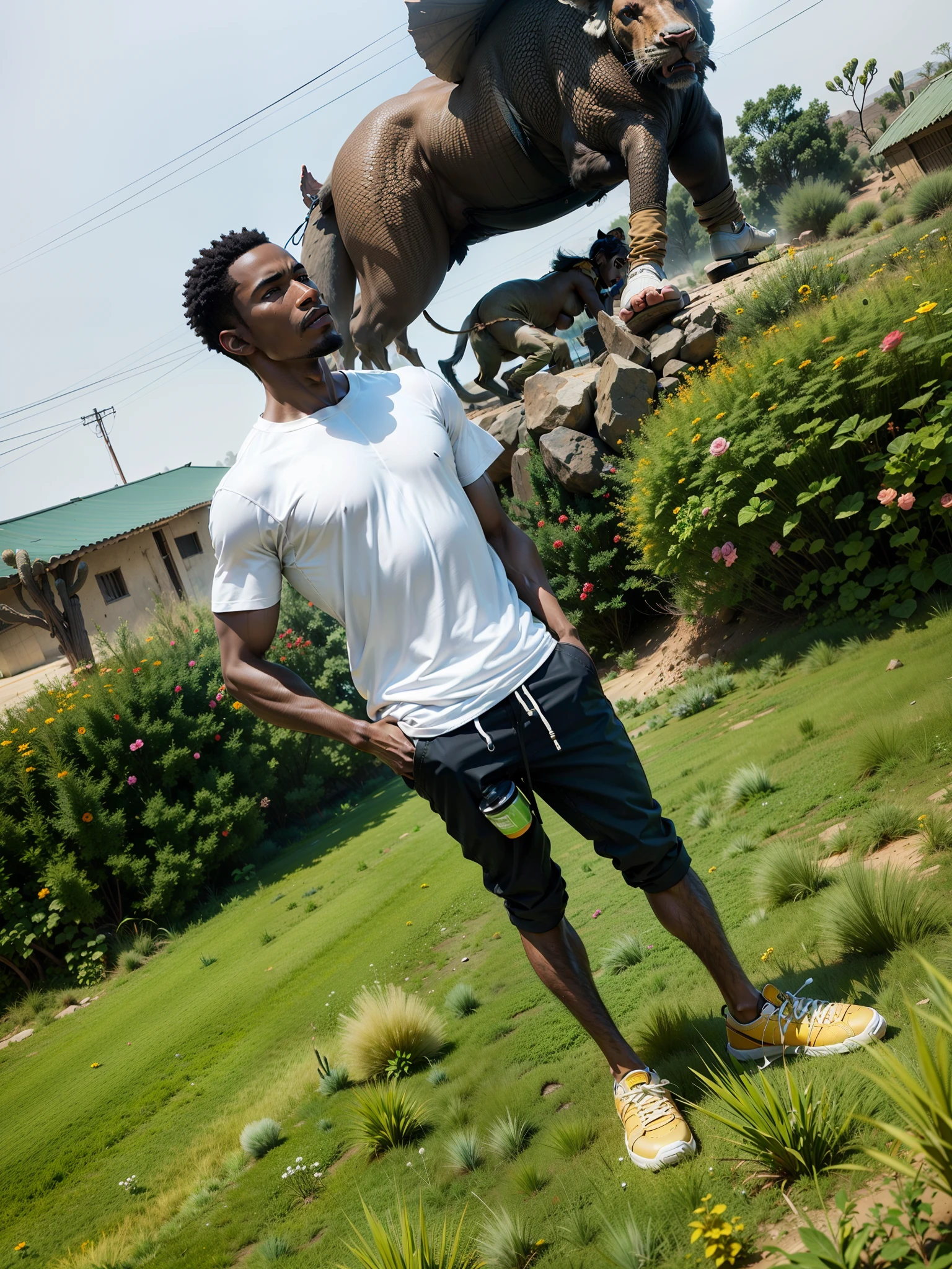 Hd,8k,3d, hyper realistic, super realism, African man carry bag, multicolor, only desert background.