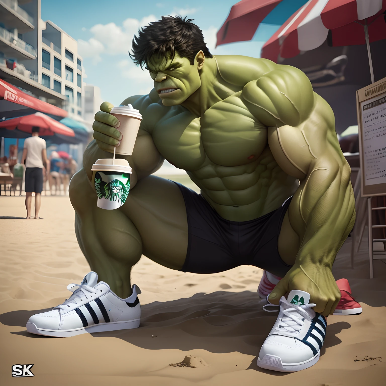 hulk, marvel, with adidas sneakers, having a Starbucks coffee, on the beach, (higth definition) (lots of details) 4k --auto --s2