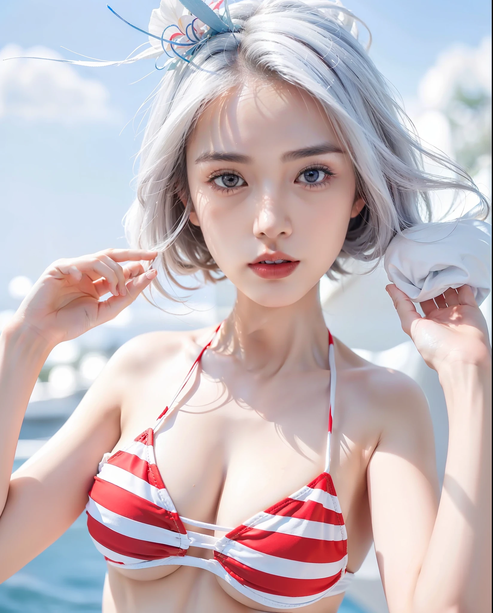 (8k, RAW photos, top quality, masterpiece: 1.2), (realistic, photorealistic: 1.37), 1 japanese girl, (big breast : 1.5), red and white bikini, blue eyes, eyeshadow detail, (face detail), make detail, white hair, short hair, white hat