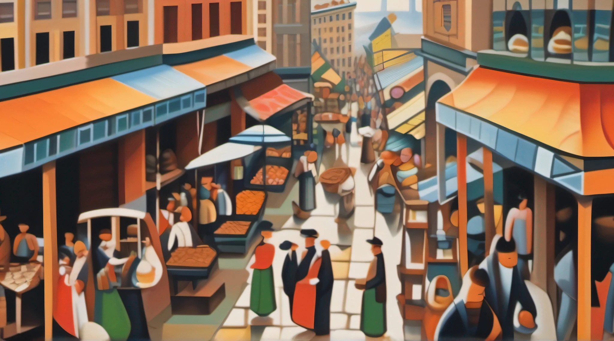 Cubist painting of a bustling city market with different perspectives of people and stalls.