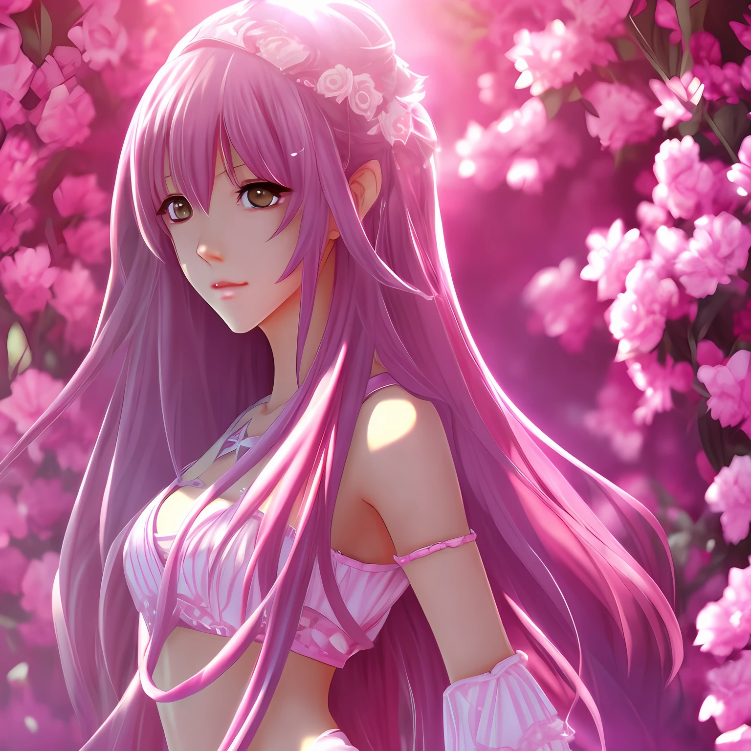 1girll,barechested,high detal,high qulity,Pink Long Hair,Pink eyes,pixiv,Popular characters,独奏,high high quality --auto