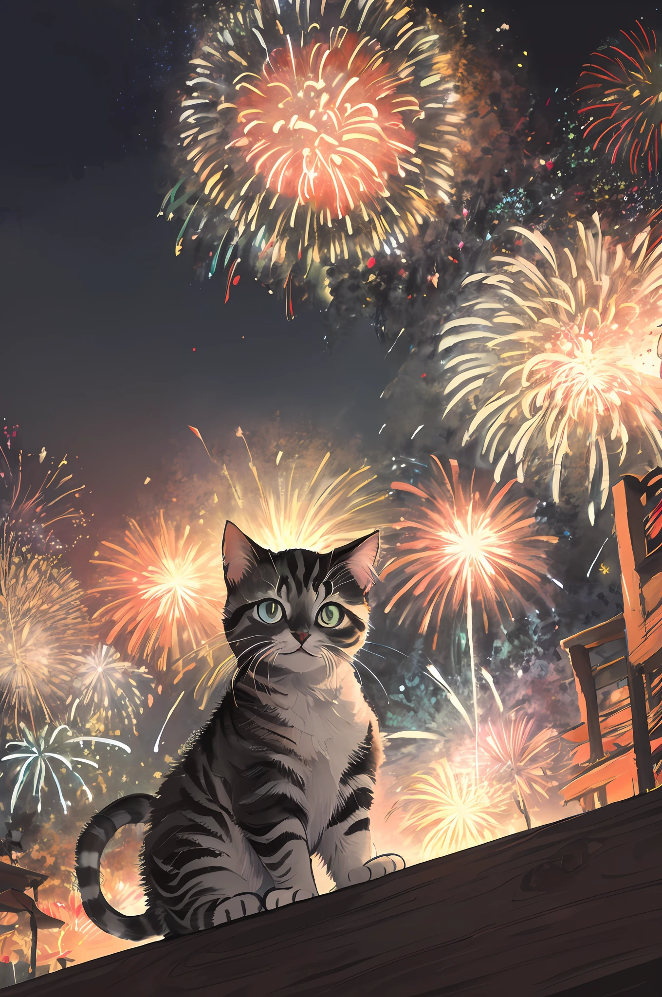 Fireworks are in the sky above a cat sitting on a shelf, Fireworks, sparklers, by John La Gatta, Fireworks in the background, Cat. Digital Painting, celebrating, fireworks in background, by Drew Tucker, full color illustration, Cat's Party, anime visual of a cute cat, Cat painting, Rob Ray, illustration of a cat on it