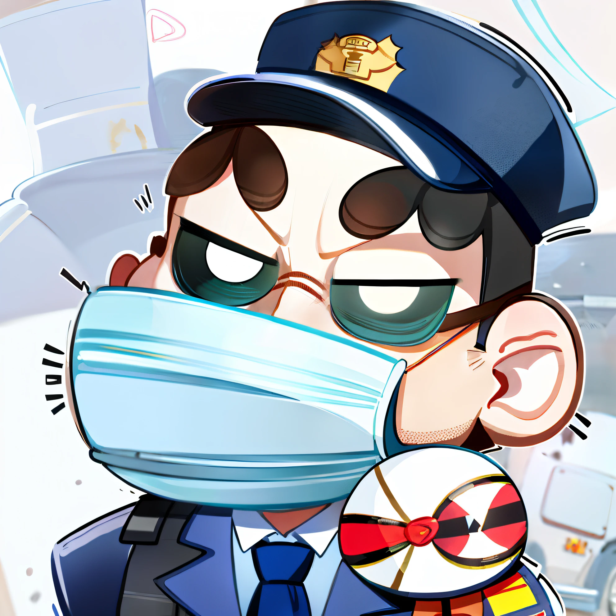 A caricature of a policeman with a gun and a mask, police officers!!, Character Design Police Man!!, High-quality fanart, surgical mask covering mouth, official fanart, security agent, Safebooru anime image, (sfv) safe to work, Character Design Police Man, 🚿🗝📝, Fanart, the doctor, telegraph stickers, Marin Kitagawa fanart
