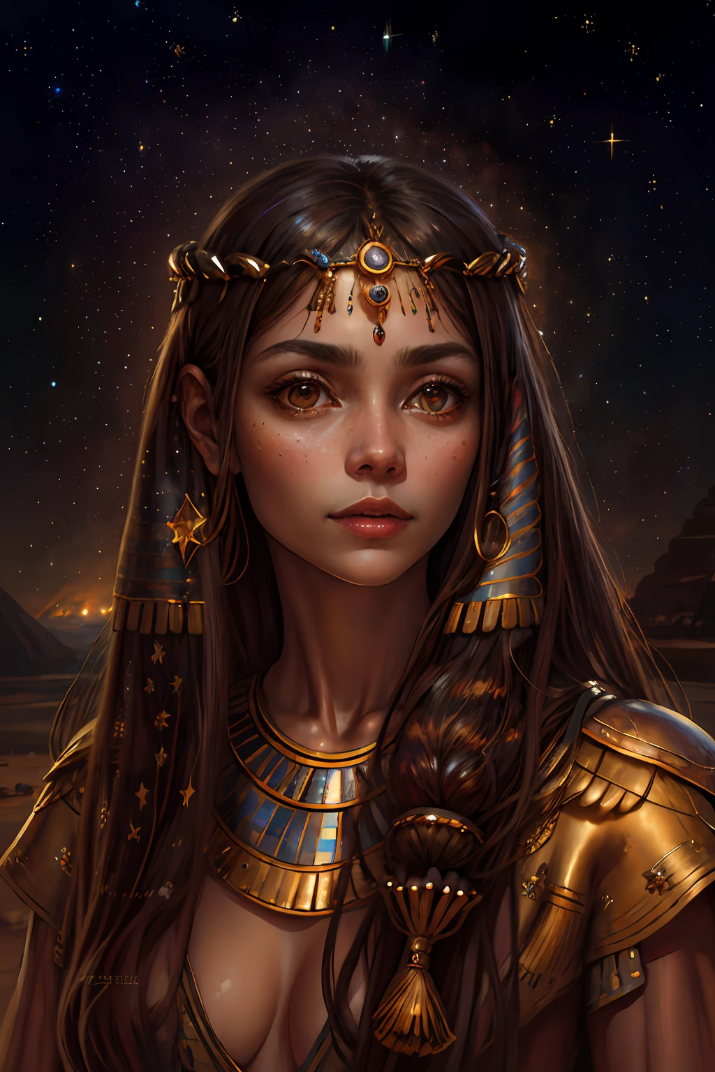 half portrait, Best quality, masterpiece, ultra high res, (photo realistic:1.4), surrealism, dream-like,
Cleopatra in ancient Egypt, absurdly long hair, starry sky, night,stars, galaxy, flower,