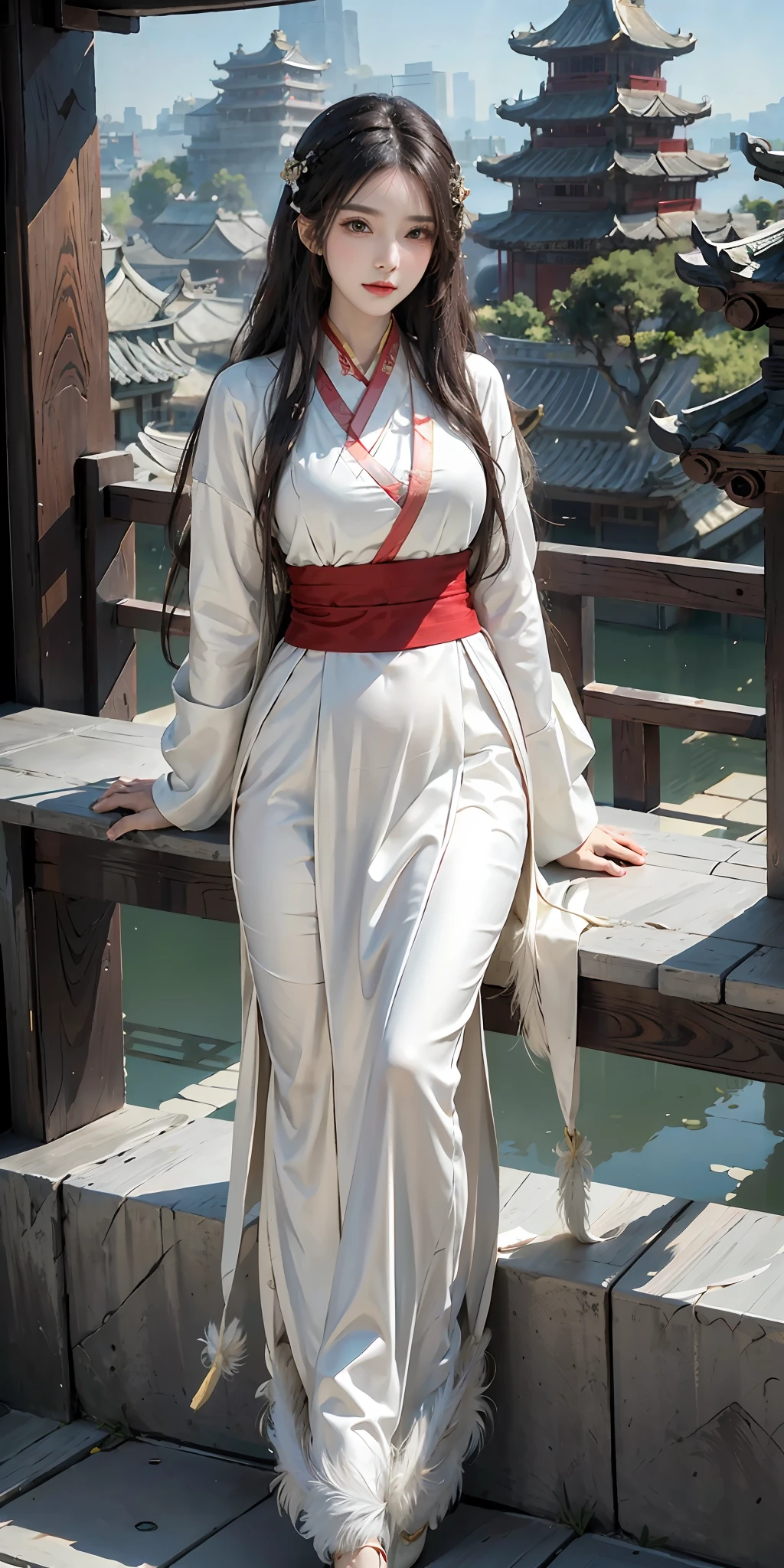 ((masterpiece, best quality)), 1girl, ((mature female)), (big breasts), longhair, floating hair, hair ornamen, (hanfu), ((clothes made of feathers)), (summer), (dragon girl), sunlight, (detailed light), lighting, (colorful), looking at viewer, chinese style architecture background, special features,(bloom), (shine)