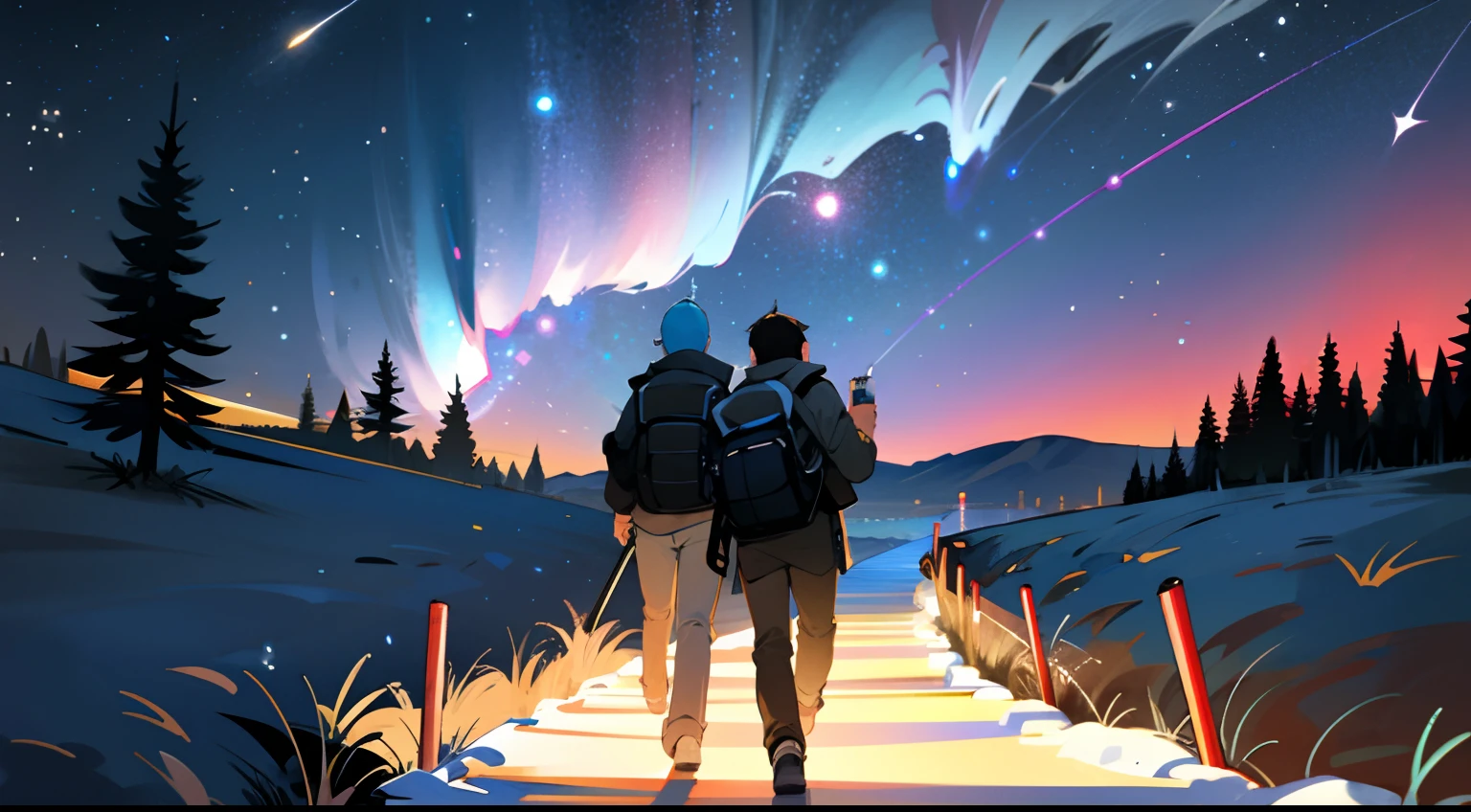 （best qualtiy，tmasterpiece），1boys，Lean, powerful，hiking，Large backpack，Drink drinks，Cold and handsome，Trendy，Vast background，Deep sky，pathway