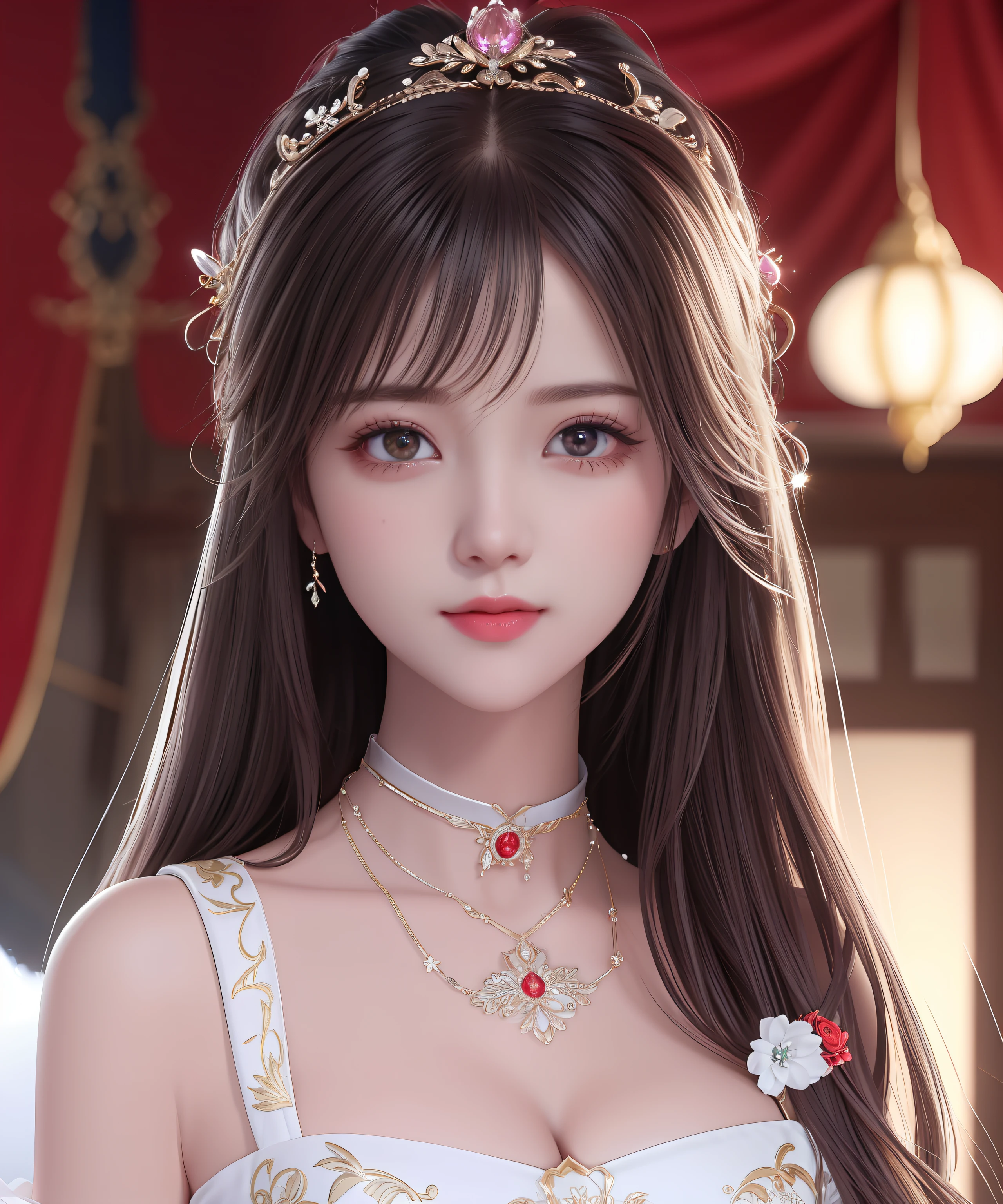 Best quality、tmasterpiece、A high resolution、1girll、red china dress、hair adornments、choker necklace、jewely、cleavage、pretty face、Physically、Tyndall effect、realisticlying、Shadow Studio、edge lit、bicolor lighting、(highdetailskin:1.2)、8K Ultra HD、Digital SLR、softlighting、high high quality、volumettic light、sneak shot、photore、A high resolution、4K、8K、The background is blurred out,