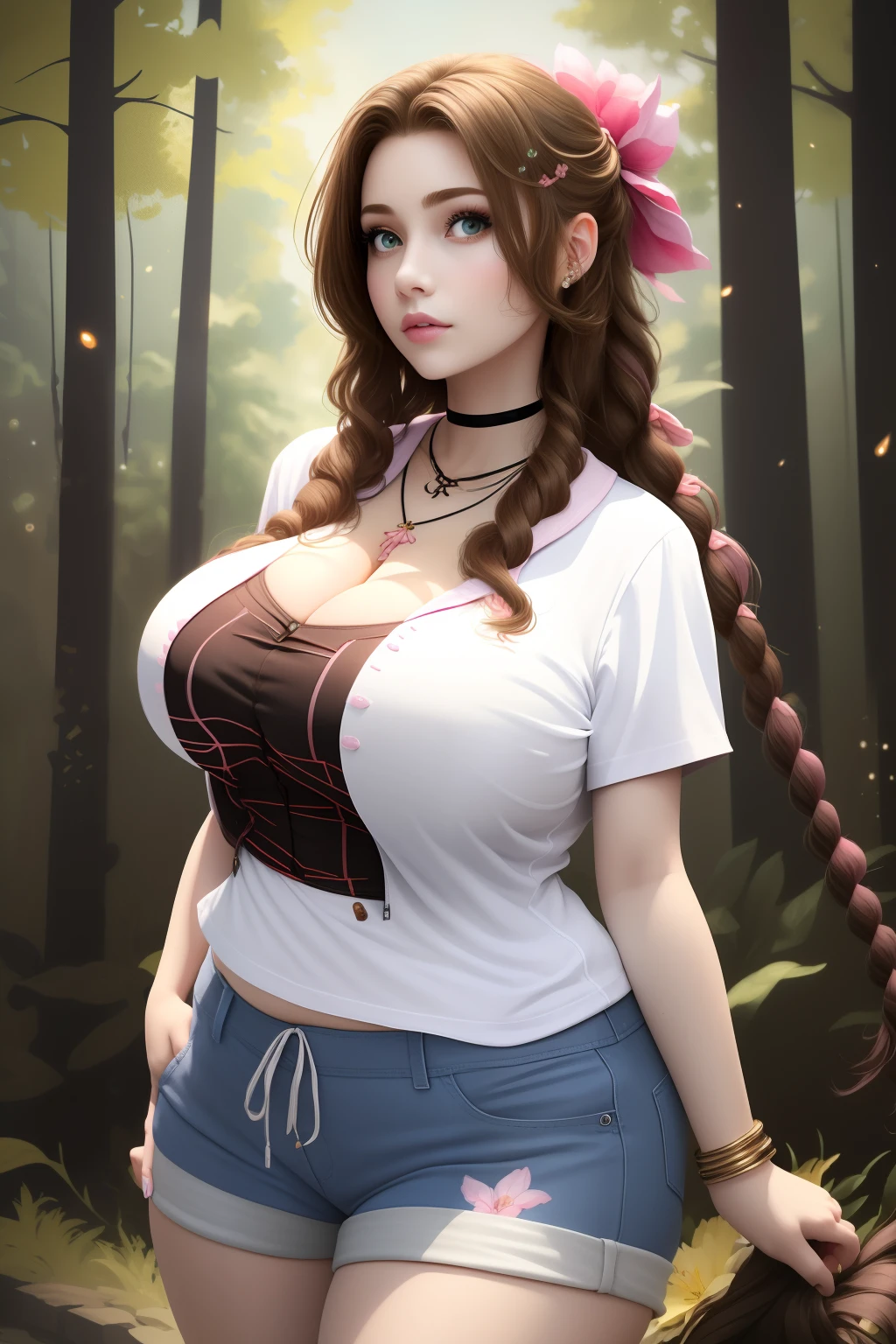 (best quality,masterpiece),superlative beautiful detailed face,age 30,adult woman with (gigantic breasts:1.6),In Harajuku shorts with (ill fit Harajuku pink T-shirt)(aerith gainsborough),(curvy),Decora Accessories,choker, cropped jacket,hair bow, bracelet,very long hair, hair ribbons and clips,cute and sexy,(Harajuku brown,red, and pink flower theme with flower effects)