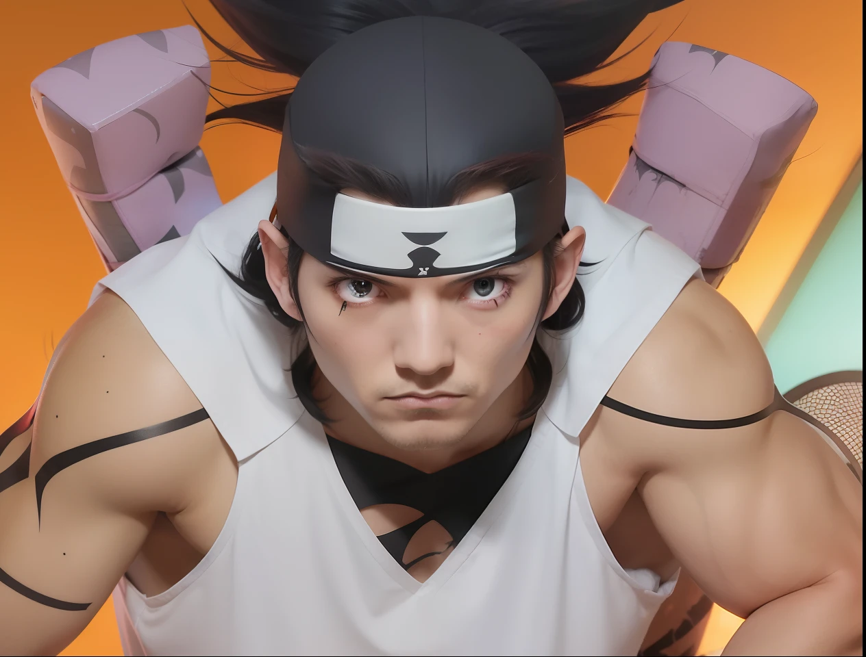1man,kidomaru,realistic,has dark red hair and long hair that is left loose, has pale skin and a black spider tattoo on his face, wears a ninja outfit with spider patterns and black marks on the forehead,ultra detail