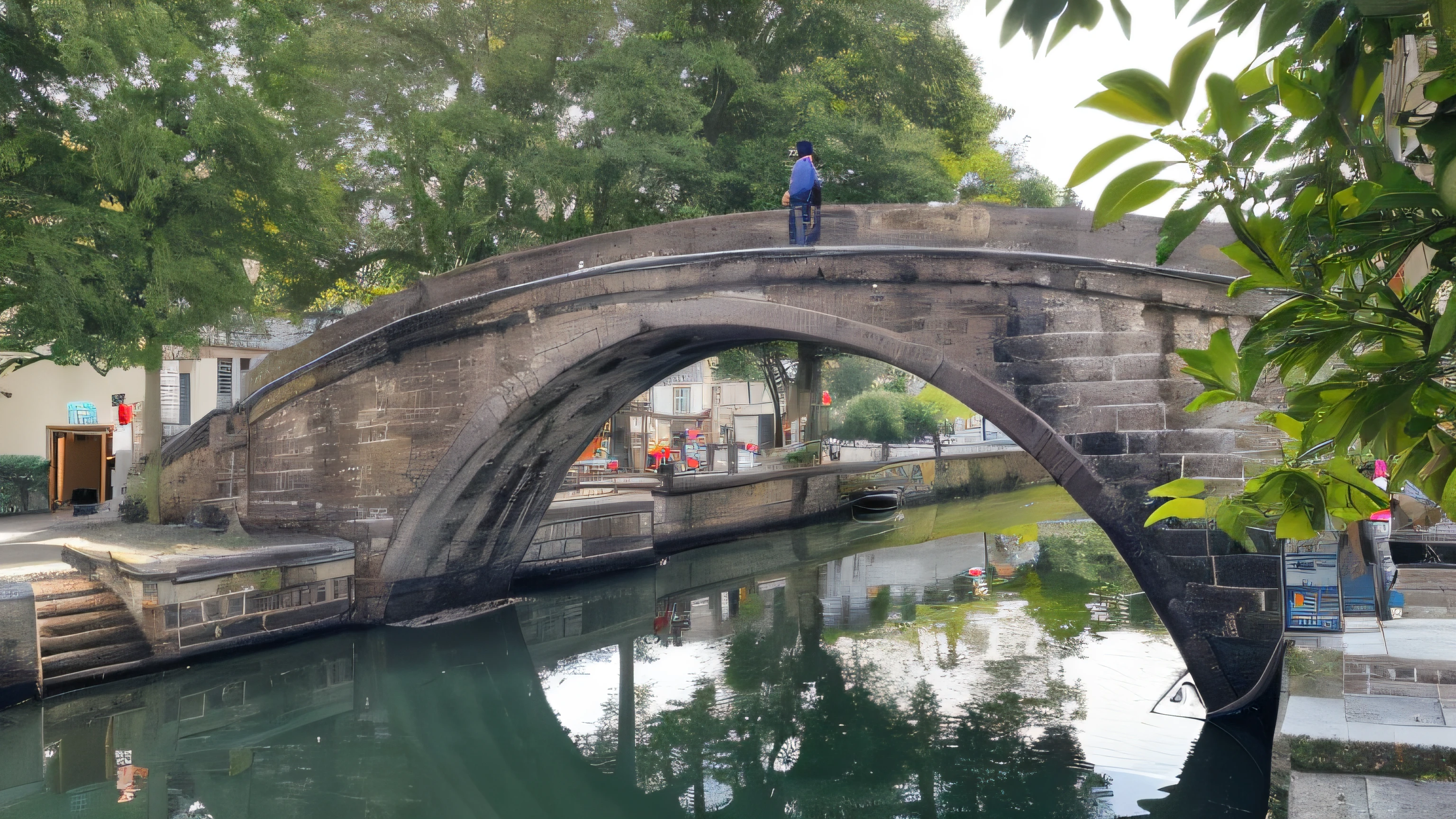 There was a man standing on a bridge over the river, bridge over the water, old bridge, Stone bridge, canal, at the waterside, canals, around the city, Railings along the canal, standing on a bridge, Picturesque, bridge, tied bridge on local river, At the bridge, historical context, lots of bridges, author:Nico Henrikan