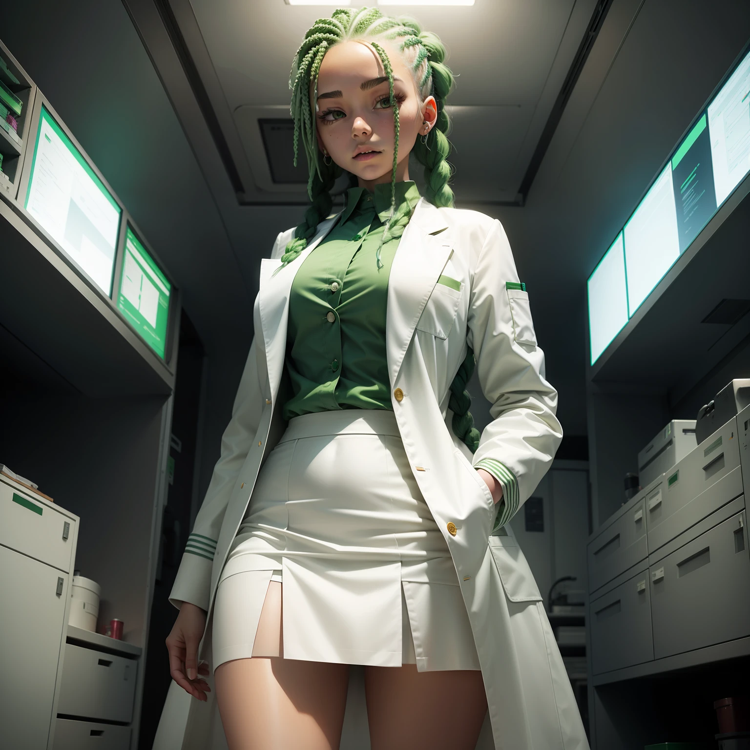 Green-haired girl,The hair is braided with a cannabis braid,Wearing a white coat,Inside is a professional skirt suit,is a science and technology researcher,Outside the lab,Stand with your back to your hands