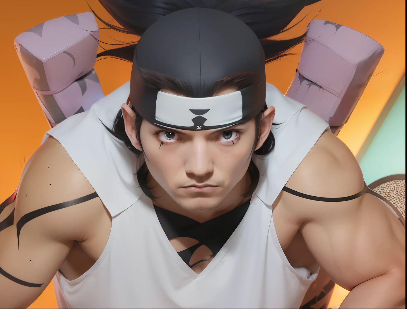 1man,kidomaru,realistic,has dark red hair and long hair that is left loose, has pale skin and a black spider tattoo on his face, wears a ninja outfit with spider patterns and black marks on the forehead,ultra detail