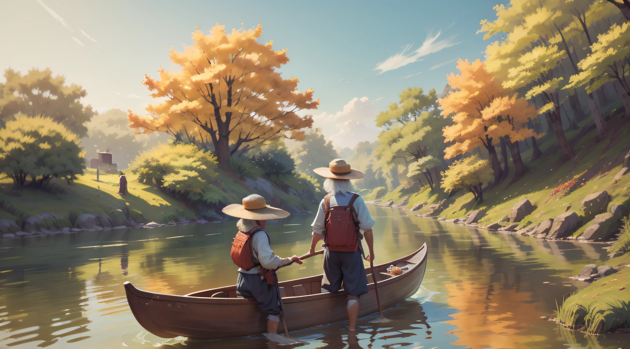 Autumn season，An old fisherman wears a straw hat，Prop up a canoe and walk through the river。Overlooking the perspective，The river is open。