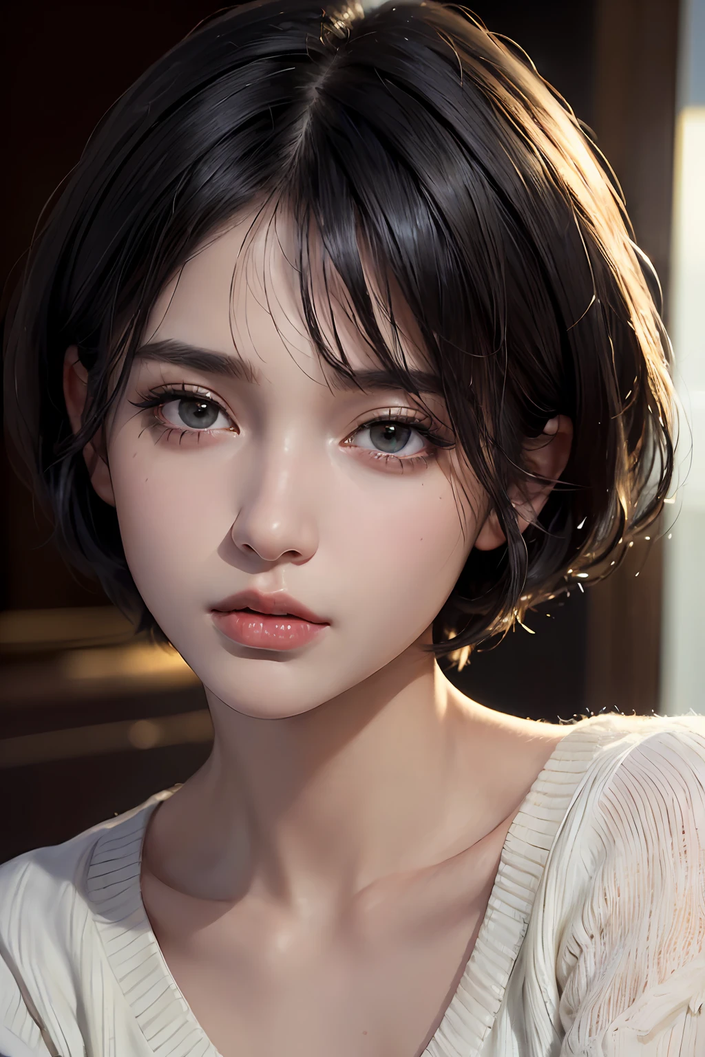 (masterpiece:1.3), (8k, photorealistic, RAW photo, best quality: 1.4), (1girl), beautiful face, (realistic face), (black hair, short hair:1.3), beautiful hairstyle, realistic eyes, beautiful detailed eyes, (realistic skin), beautiful skin, (sweater), absurdres, attractive, ultra high res, ultra realistic, highly detailed, golden ratio