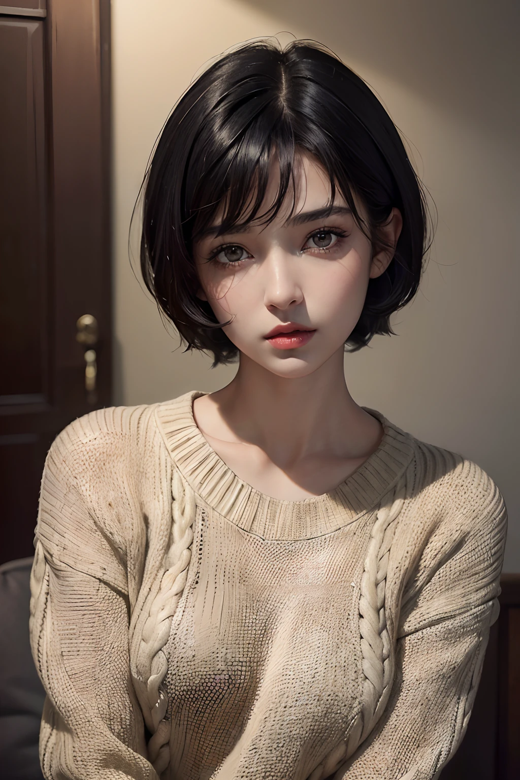 (masterpiece:1.3), (8k, photorealistic, RAW photo, best quality: 1.4), (1girl), beautiful face, (realistic face), (black hair, short hair:1.3), beautiful hairstyle, realistic eyes, beautiful detailed eyes, (realistic skin), beautiful skin, (sweater), absurdres, attractive, ultra high res, ultra realistic, highly detailed, golden ratio