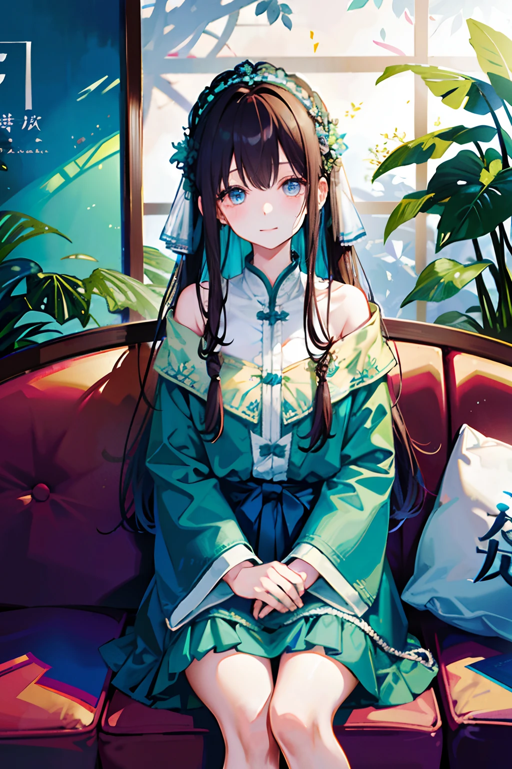 2. The character：Zhixia sat on the sofa in the counseling room，With a gentle smile，Large wavy curls of dark brown hair scattered over the shoulders，The cyan eyes are full of care and understanding。 action：She listened to her counselors，With a gentle voice and a soothing gesture，Give them psychological support and help。