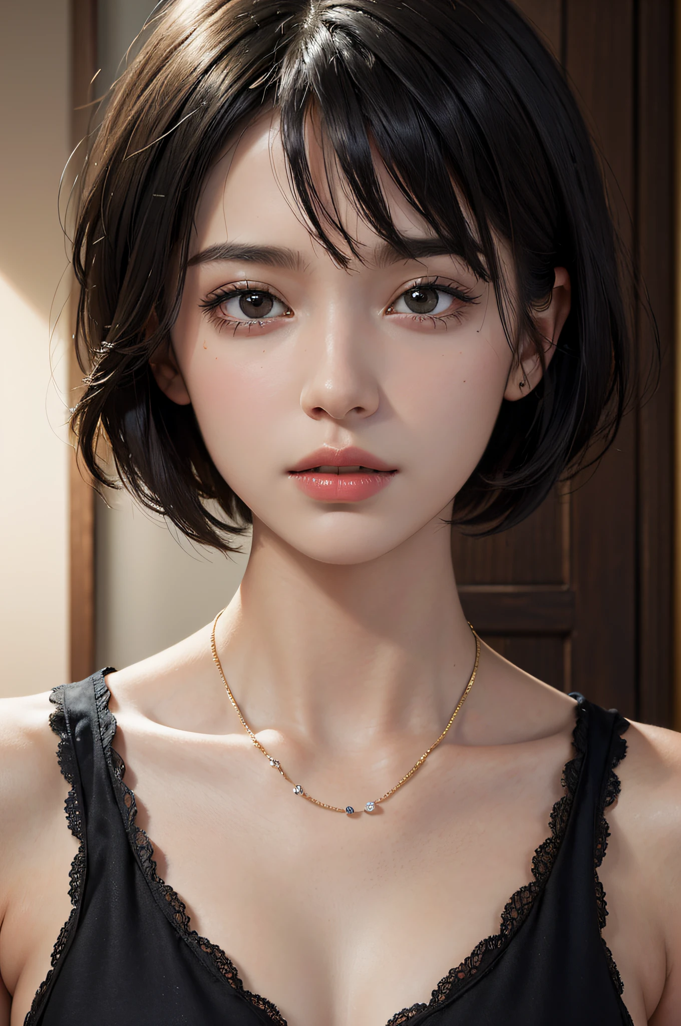 (Masterpiece:1.3), (8K, Photorealistic, RAW photo, Best quality: 1.4), (1girll), Beautiful face, (Realistic face), (Black hair, Short hair:1.3), Nice hairstyle,photorealistic eye,Nice detail eyes,(Realistic skin),Beautiful skins,(Sweaters),absurd res,enticing,超高分辨率,Ultra photo realsisim,The is very detailed,the golden ratio