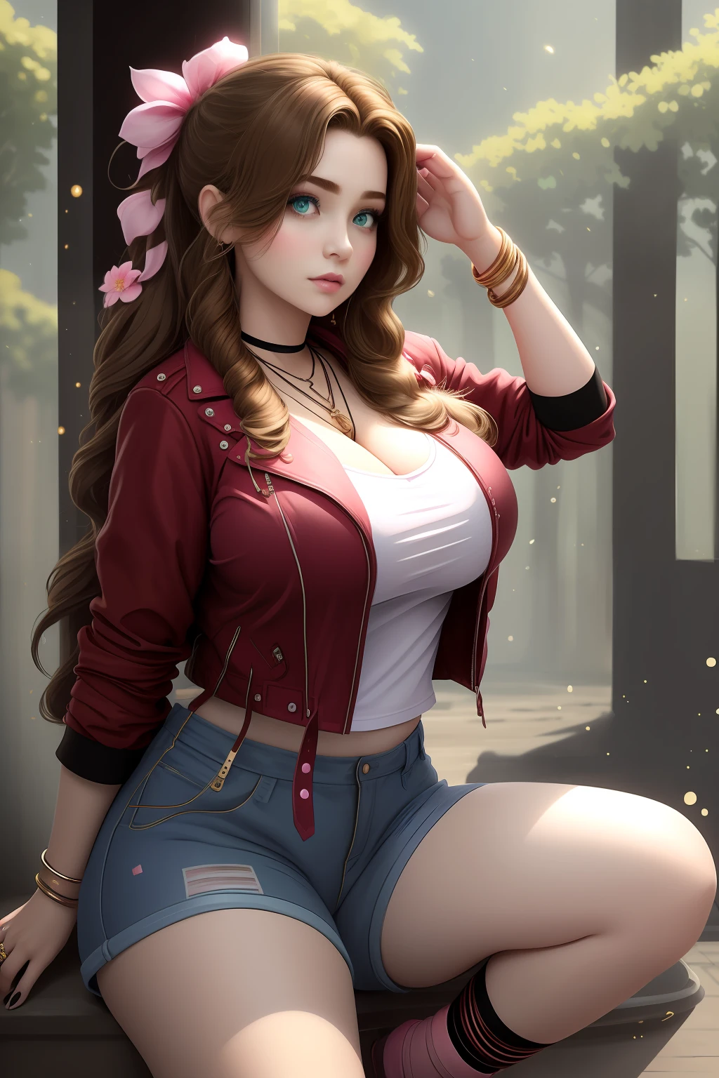 (best quality,masterpiece),superlative beautiful detailed face,age 30,adult woman with (gigantic breasts:1.6),In Harajuku shorts with (ill fit Harajuku pink T-shirt)(aerith gainsborough),(curvy),Decora Accessories,choker, cropped jacket,hair bow, bracelet,very long hair, hair ribbons and clips,cute and sexy,(Harajuku brown,red, and pink flower theme with flower effects)