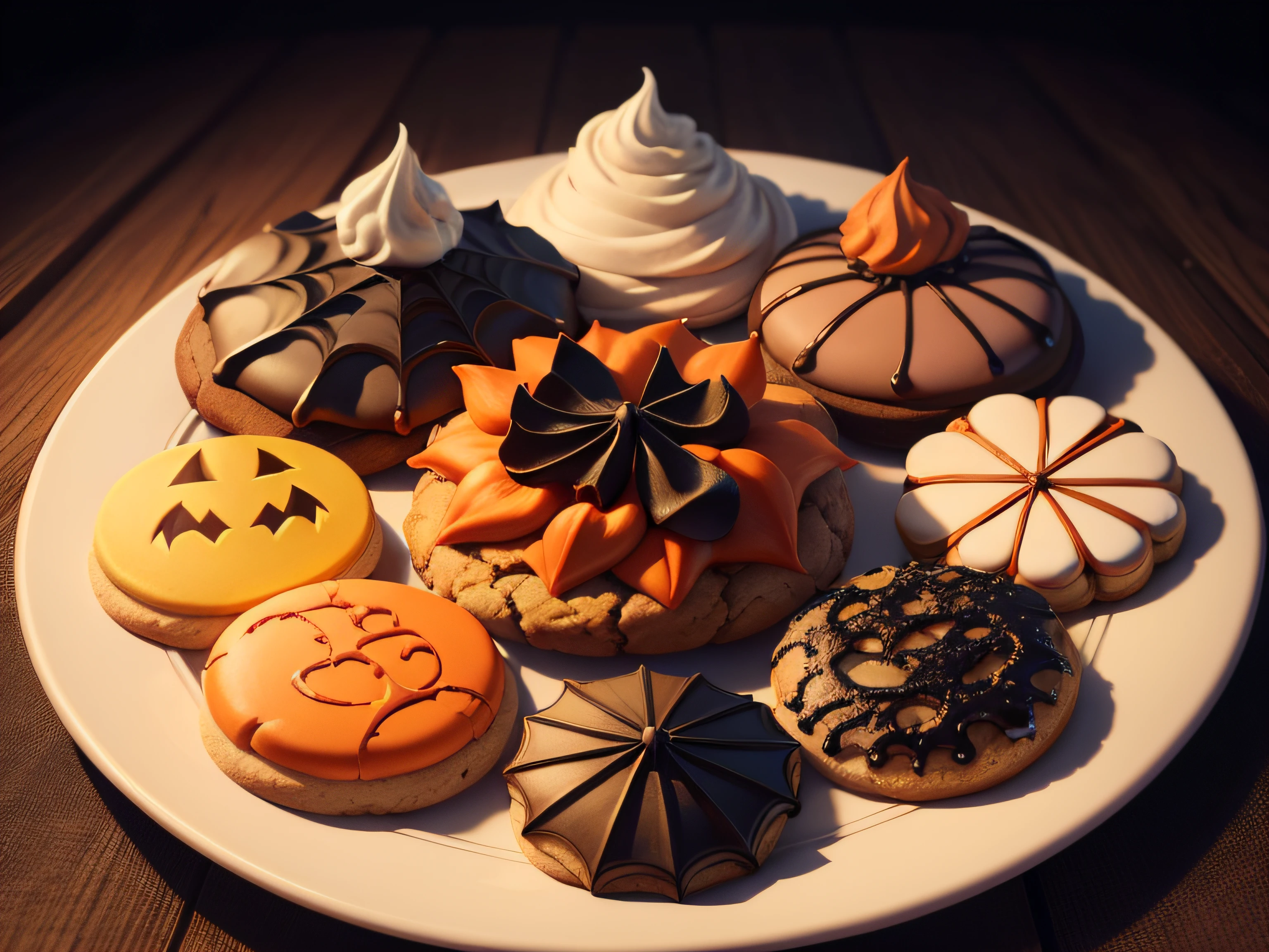 A Halloween-themed tableau of icing cookies, with a variety of shapes and colors, rendered in a realistic, photo-like style.