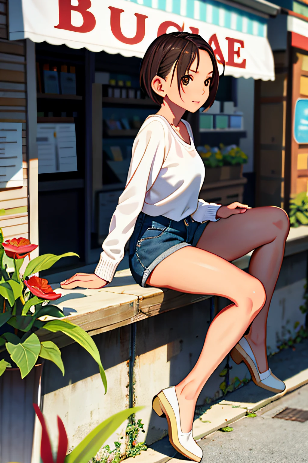 masterpiece, best quality,1girl,young girl,brown eyes,short hair,charmed _face,shiny skin,(nice leg line:1.3),thin waist,huge breasts,
BREAK
, Flower_shop,
BREAK
around crowd:1.1,depth of field,looking at viewer,sitting,from side,full body