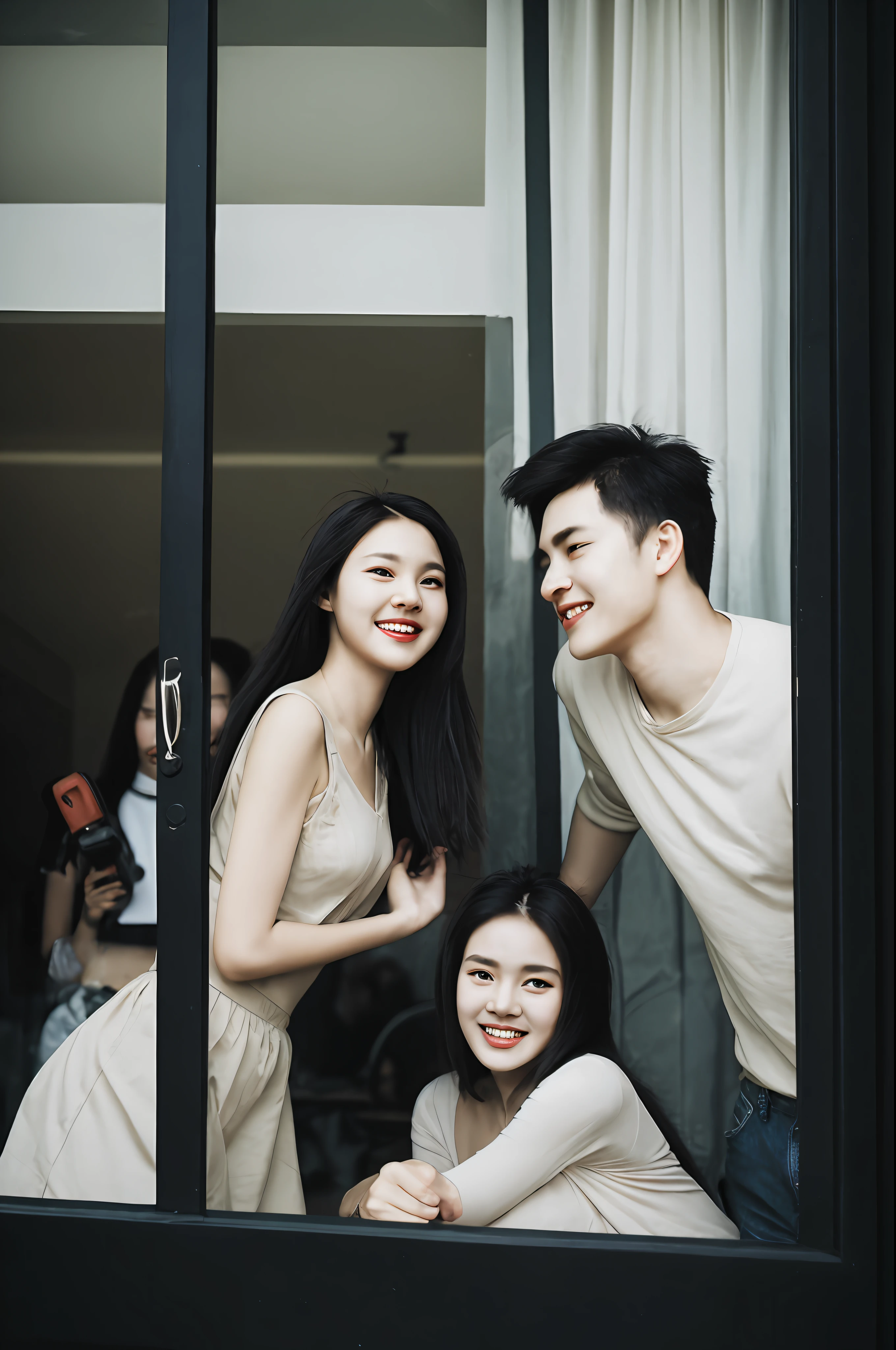 An aunt in her 40s、Gazing from the entrance of a fashionable café。In her eyes、It shows a couple in their 20s happily enjoying a date at a café。While there is a subtle dissatisfaction in his gaze,、Looking back on her own youth、You can also feel the passion as if you are thinking back to the past events。

Couple sitting on window seat、Chatting with a pleasant smile。Their hands touch、The atmosphere is full of fun。Auntie stared at the figure.、Sometimes I superimpose it on my past memories。Feelings of jealousy and memories of youth、You can feel the interplay from her facial expressions and gaze.、hight resolution、RAW image quality、８k、１６k、
