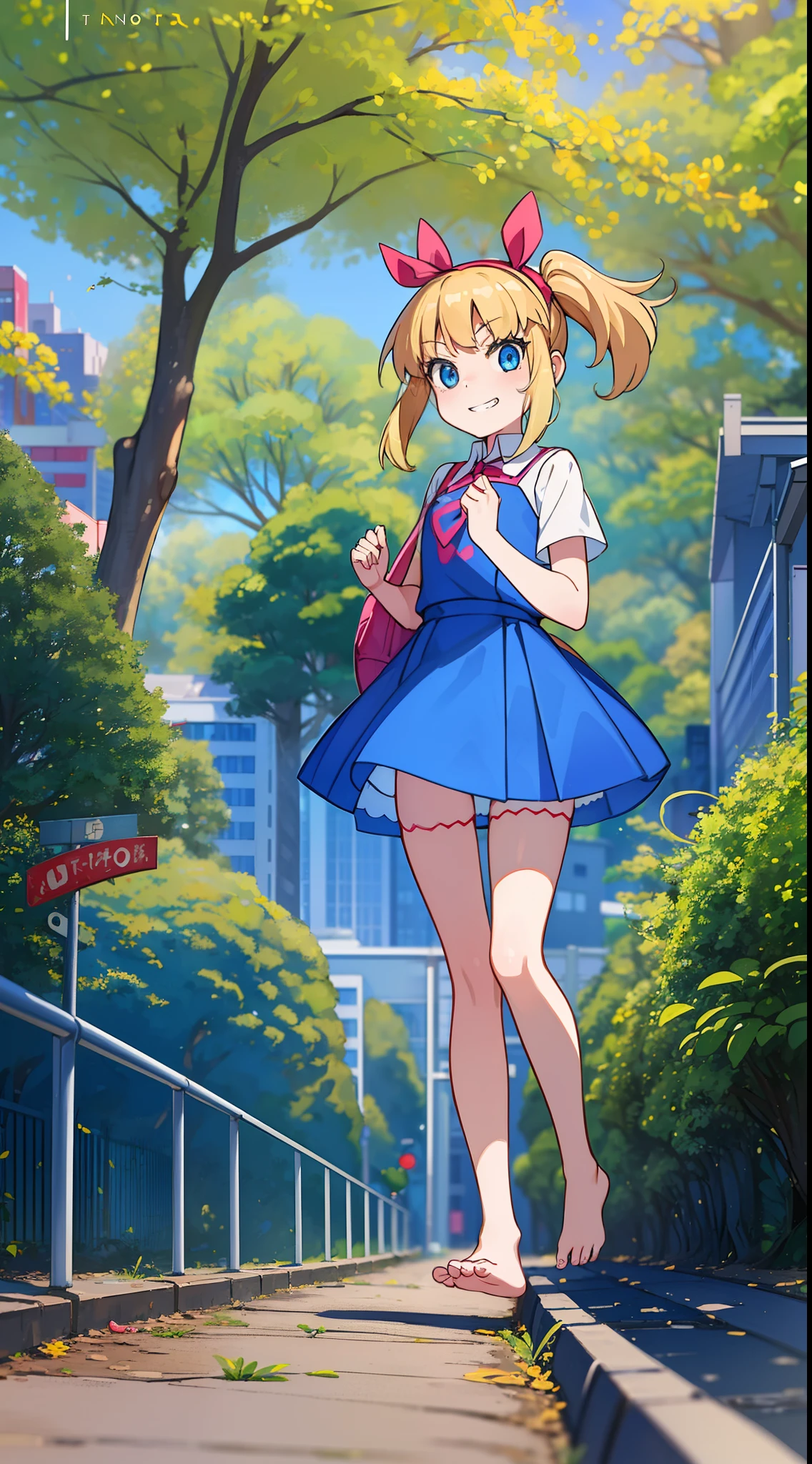 hiquality, tmasterpiece (One girl in kindergarten) cute face, A smirk with teeth on his face, blonde hair with two short ponytails and a hair band. Blue eyes - children's bright clothes. panty, Barefoot - a street in the park on the road near the trees against the background of trees. giantess, gtscity, The city. Building.
