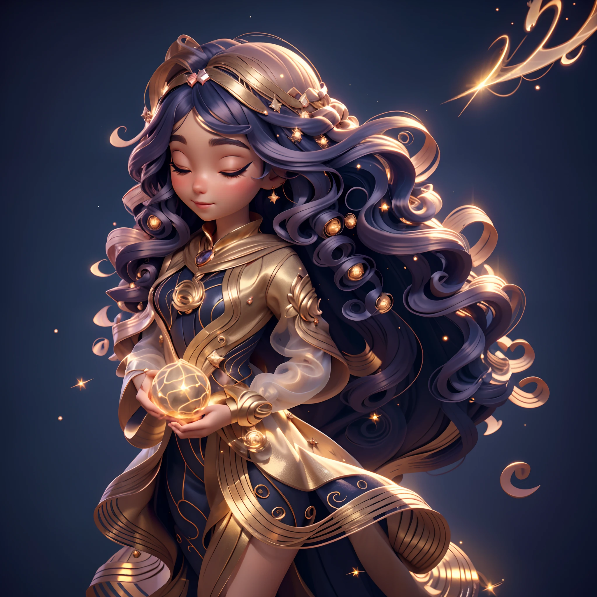 In this magical image, Curly woman is wrapped in a veil of twinkling stars. Its fluttering curls seem to be made of pure magic, Sparkle in shades of gold and copper. She is surrounded by a night sky full of bright stars, It seems to be dancing around her. The atmosphere is fascinating and full of mystery, Invite viewers to wander into a world of dreams and fantasy