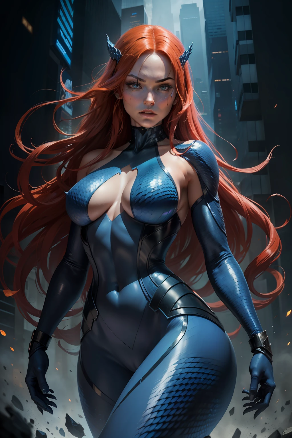 ((full blue body fully covered with many scales)), New York, time square, beautiful, long red hair, menacing pose, ((full blue body fully covered with many scales)), Mystique, from Marvel's X-Men, is a shapeshifting mutant (with all-blue skin fully covered with many scales) and the ability to shapeshift into anyone. Known for her mysterious nature and complex morality, she is sex, a spy and skilled manipulator. intriguing figure, she murders. Her determination, cunning and complex connections make her an intriguing and multifaceted figure. (best quality: 1.0), (Ultra Highres: 1.0), highly detailed face and eyes, (photorealistic: 1.2)