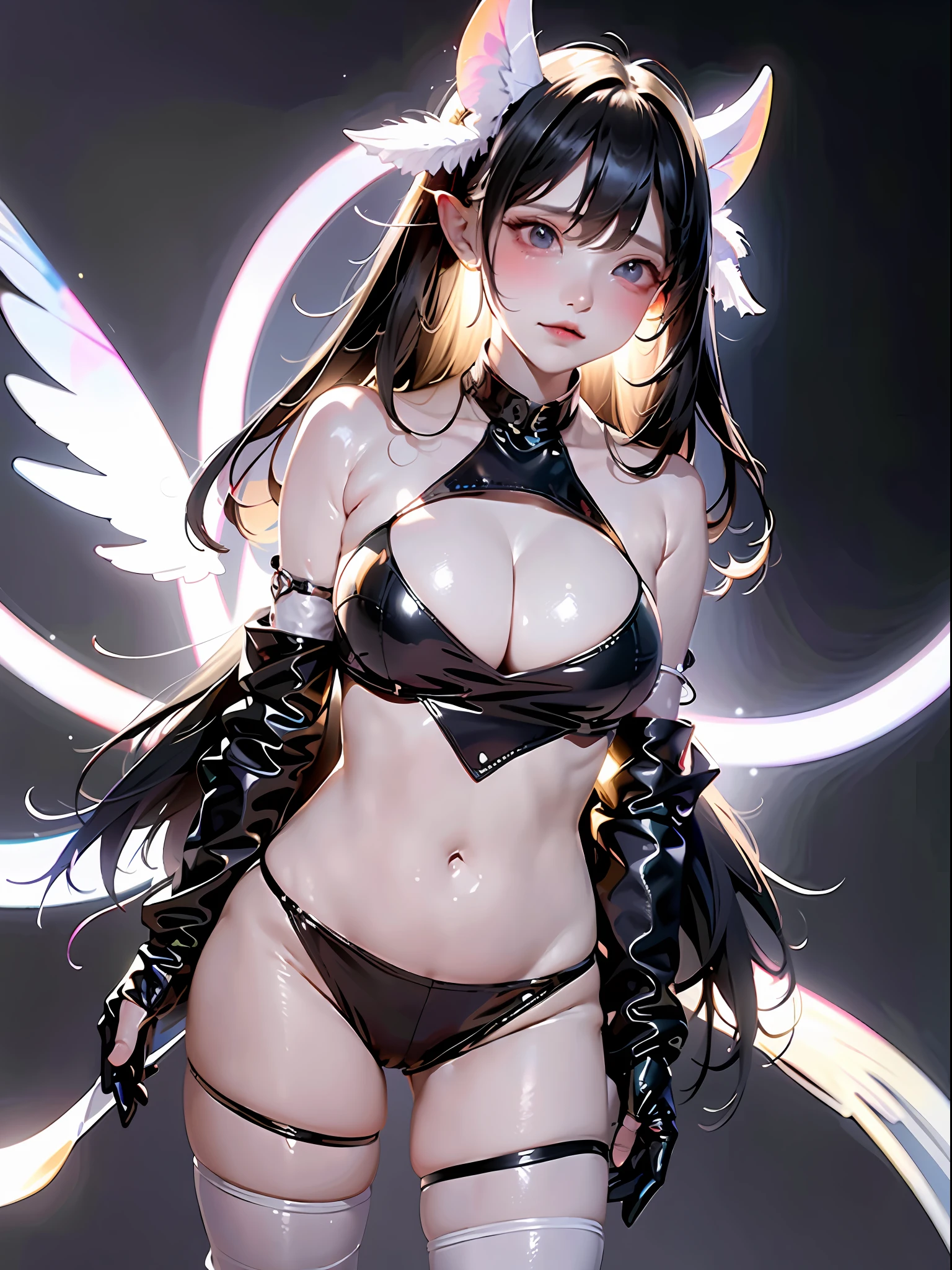 1girl, huge breasts focus, solo, horns, long hair, albedo (overlord), wings, large breasts, dress, hip vent, black wings, white gloves, gloves, looking at viewer, black hair, white dress, bare shoulders, hair between eyes, yellow eyes, feathered wings, demon horns, smile, feathers, demon girl, cleavage, slit pupils, detached collar, bangs, very long hair, closed mouth, black feathers, cowboy shot, covered navel, elbow gloves, white horns, standing, demon wings , hands on breast, breast focus,Breast kneading