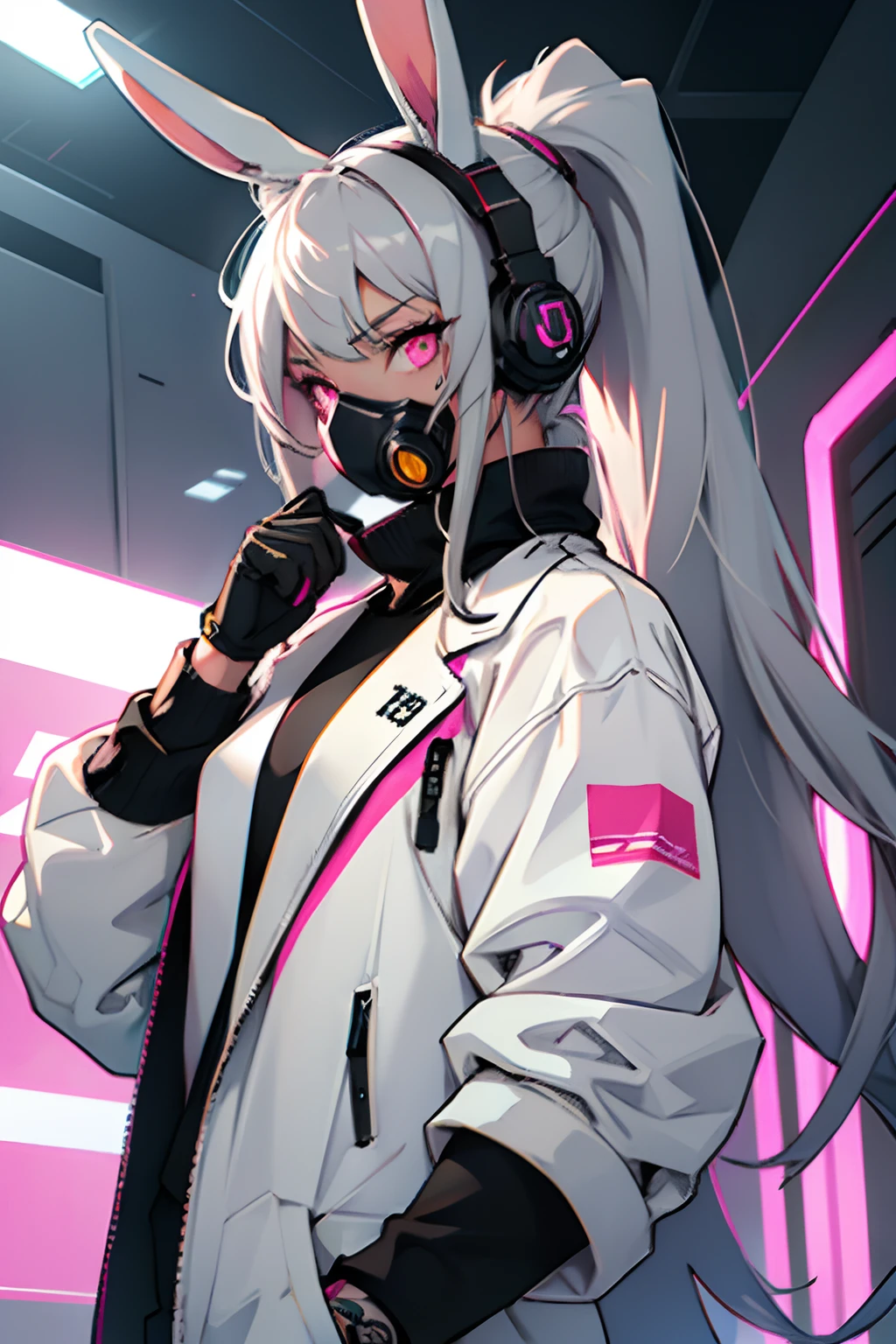 A cyborg girl in cyberstyle,Gray hair,Long ponytail hairstyle,Wear headphones in the shape of rabbit ears and a gas mask,dressed in a white suit,Pink eyes。 --auto