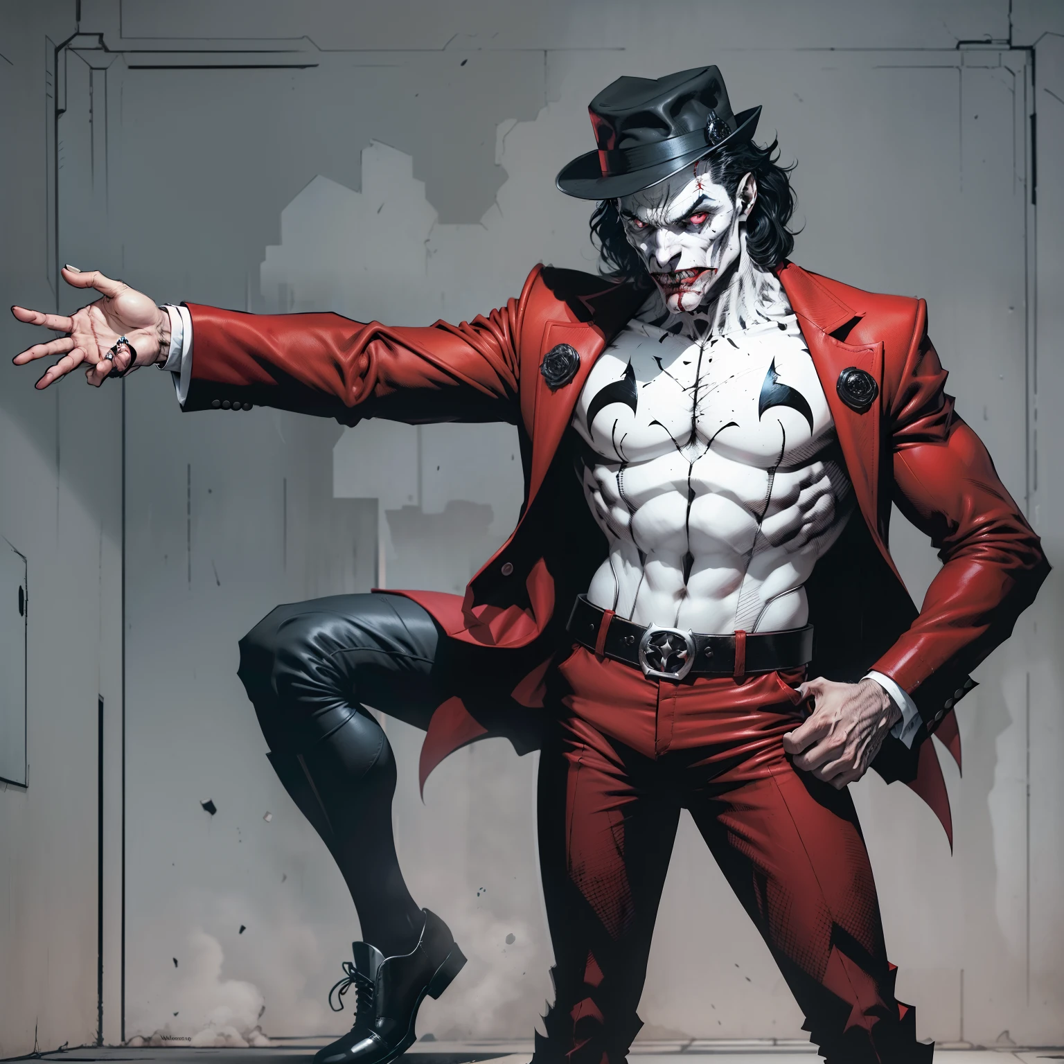 Un homme, cheveux noirs, pale face, costume rouge, Pantalon noir, chaussures sociales, yeux et pupilles au beurre noir, Chapeau, One side of his mouth is completely torn showing his frightening gums, super vilain, Inspired by the Joker, corps entier, reference sheet, t pose, fond blanc