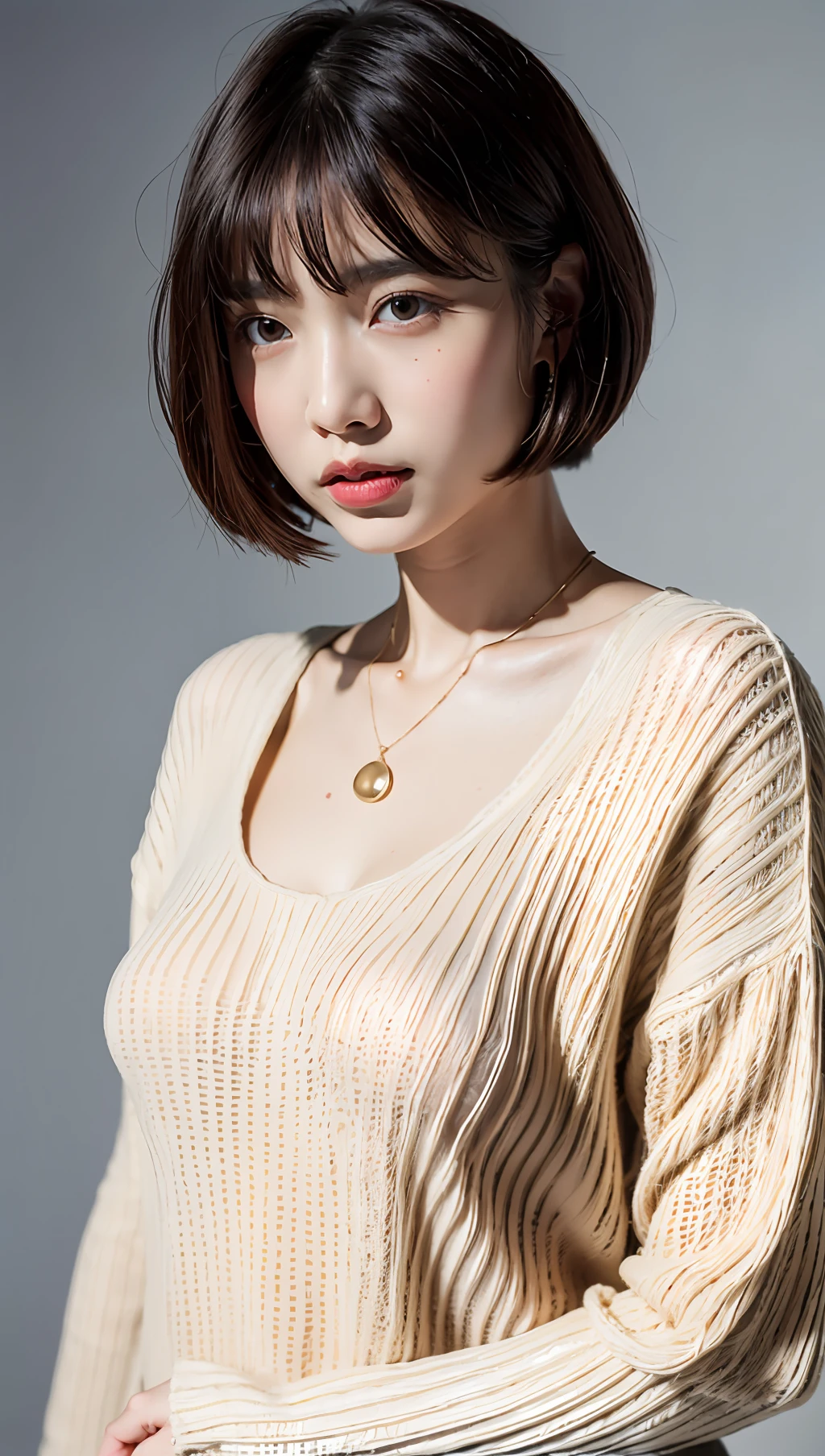 (Best quality, 8k, 32k, Masterpiece, UHD:1.2),Photo of Pretty Japanese woman, large breasts, very short bob hair,upper body,(oversized_sweater,:1.1) necklace, simple background, looking at around