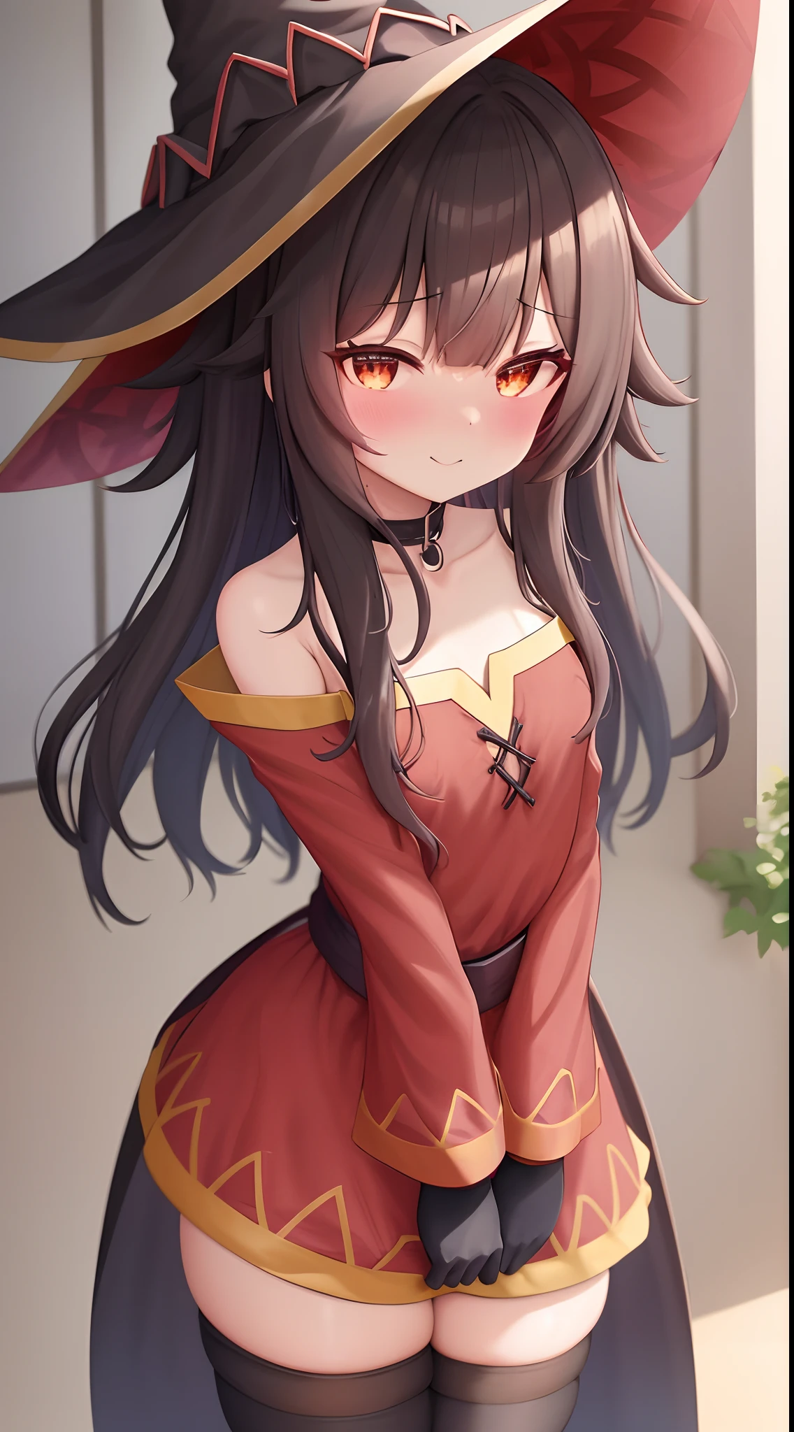 megumin, kono subarashii sekai ni shukufuku wo!, 1girl, solo, standingn, olhando para o espectador, kalap, witch hat, cabelo castanho, cabelo curto com mechas longas, olhos vermelhos, blush, sorriso maligno, gargantilha preta, 鎖骨, peito achatado, vestido ombro a ombro, vestido, vestido vermelho, capa marrom, mangas compridas, luvas pretas, luvas sem dedos, cinto, cinto marrom, Golden trim, zettai ryouiki, skindentation, (Asymmetrical pants: 1.4), incompatible pants, (perna enfaixada: 1.3 ), coxas pretas, (arms behind back: 1.3), (floresta: 1.4) de costas para o expectador, ass towards the viewer, peitos grandes, sexy, sensual, sedutora