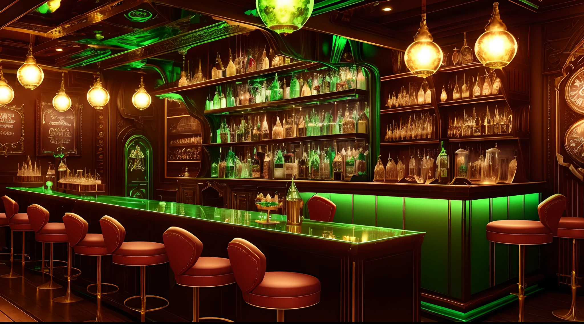 AbsinthePunkStyle, GelatoStyle, wallpaper, desktop background, wallpaper engine, concept, 3D render, high quality, woman in steampunkdress with cupcakes and cocktails at a bar, ice slush machine, coffee machine, cakes, lollipops, green shiny lights, --auto