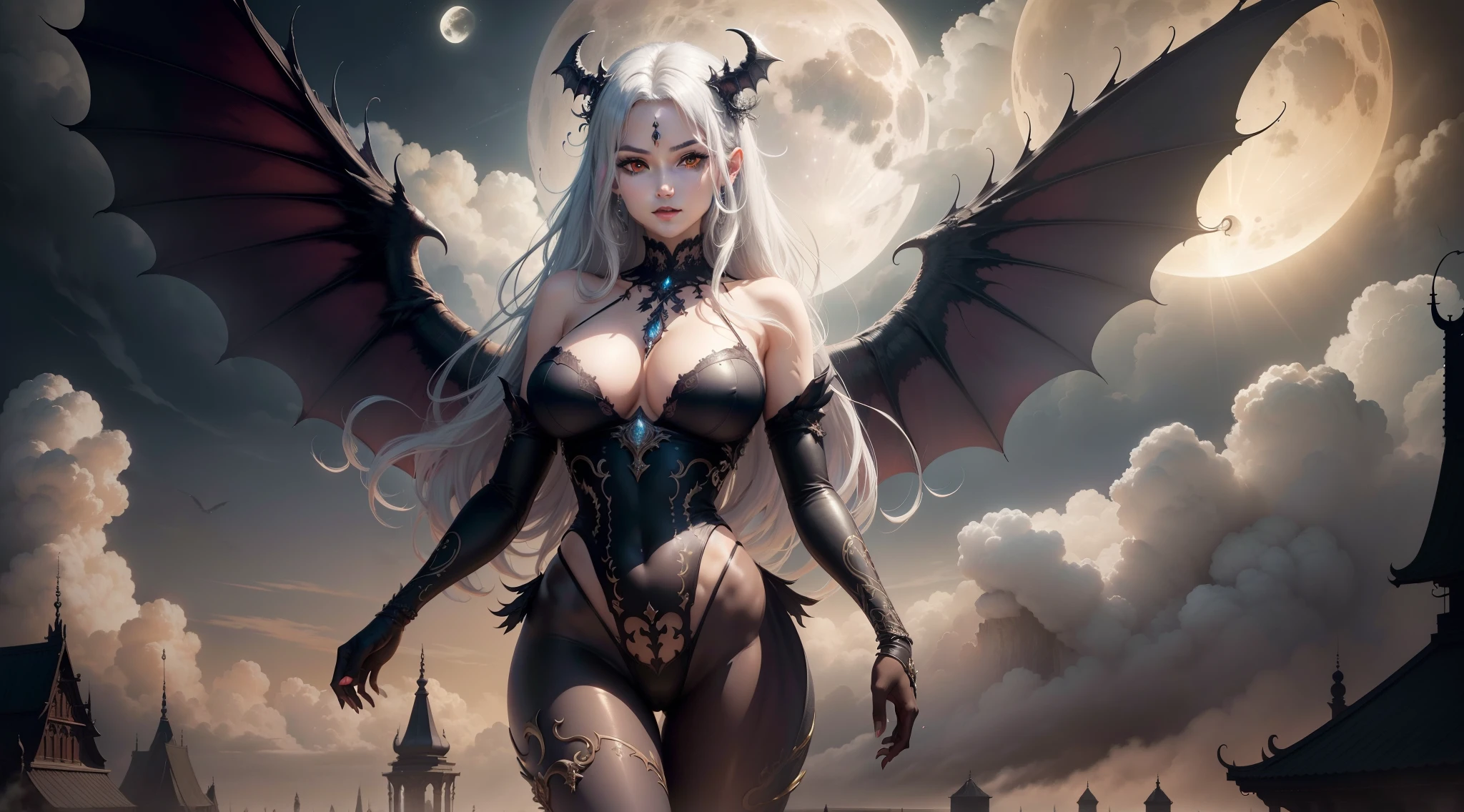 ((Need)), ((tmasterpiece)), (A detailed), ((best qualtiy)), (the detail:1.4), Anatomically normal,perfect hand,hdr(HighDynamicRange),Contre-Jour, 1lady, 独奏,Art germ illustration,超A high resolution,full body shot of,Clear focus,(insane detailed),Highly detailed centering,erect through, otherworldly charm,Young girl looking at the camera,Smile with fangs,Red eyes,Bindi, captivating posture, delicate wings, otherworldly charm, Slender body,Big breasts Thin waist,Thick thighs,(Huge stacked breasts:1.3)(Long, Long, Flowing shiny silver hair:0.9) Wearing DEMON_cosplay_Outfit,Ruby jewelry,Big demon_Wings,Pantyhose are broken,large full moon,Perched in clouds, (fantasy illustrations:1.3), Mysterious Sky, (Luis Royo:1.2), (Yoshitaka Amano:1.1), Moon Night, pastelcolor, (Detailed cloud view:1.3), (A high resolution:1.2)